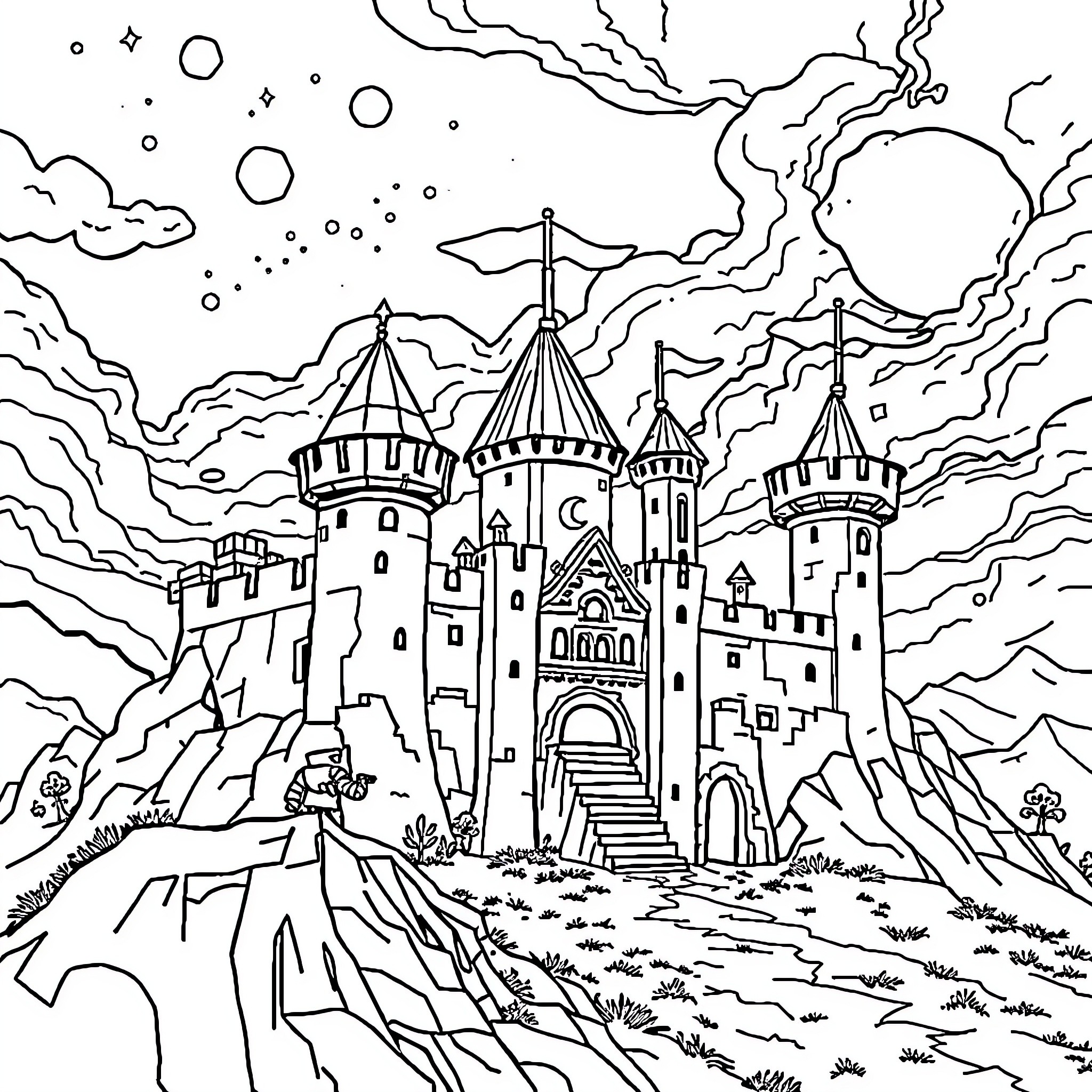 Fortnite: Magical Castle in the Enchanted Realm Coloring Page (free black-and-white line drawing printable PDF for all, from beginners to advanced learners, including children, teens, adults, and seniors)