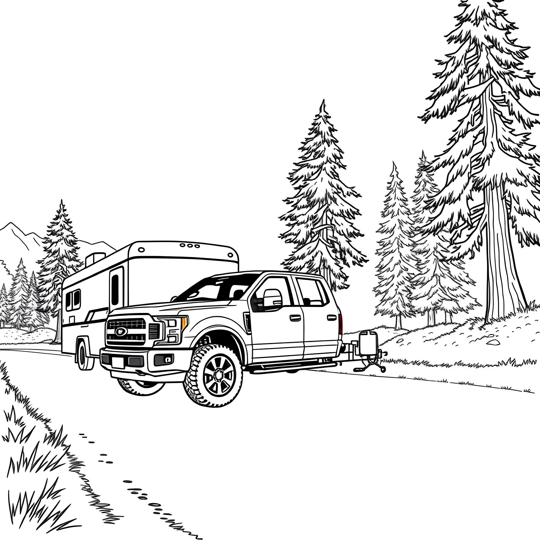 Pickup Truck Towing RV in Snowy Forest Coloring Page (free black-and-white line drawing printable PDF for all, from beginners to advanced learners, including children, teens, adults, and seniors)