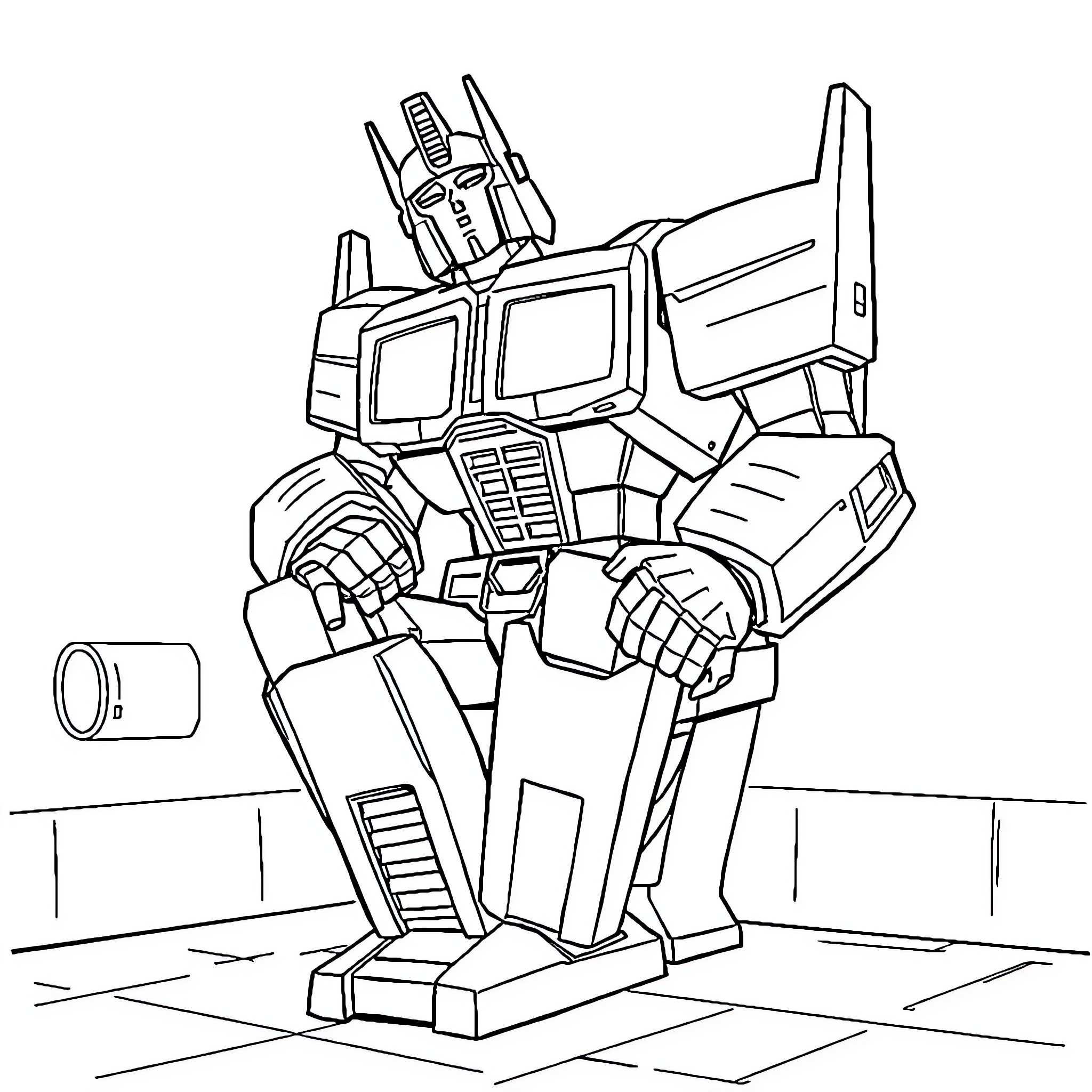 Optimus Prime Transformers Robot in Action Pose Coloring Page (free black-and-white line drawing printable PDF for all, from beginners to advanced learners, including children, teens, adults, and seniors)