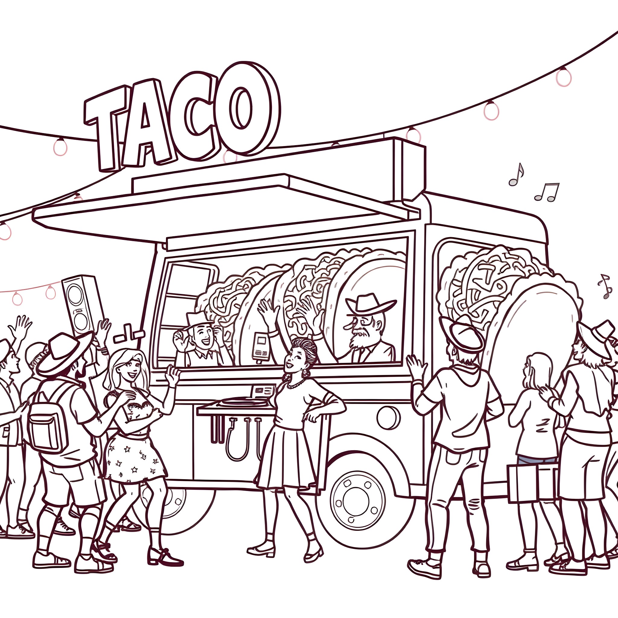Taco Truck Serving Happy Customers on the Street Coloring Page (free black-and-white line drawing printable PDF for all, from beginners to advanced learners, including children, teens, adults, and seniors)