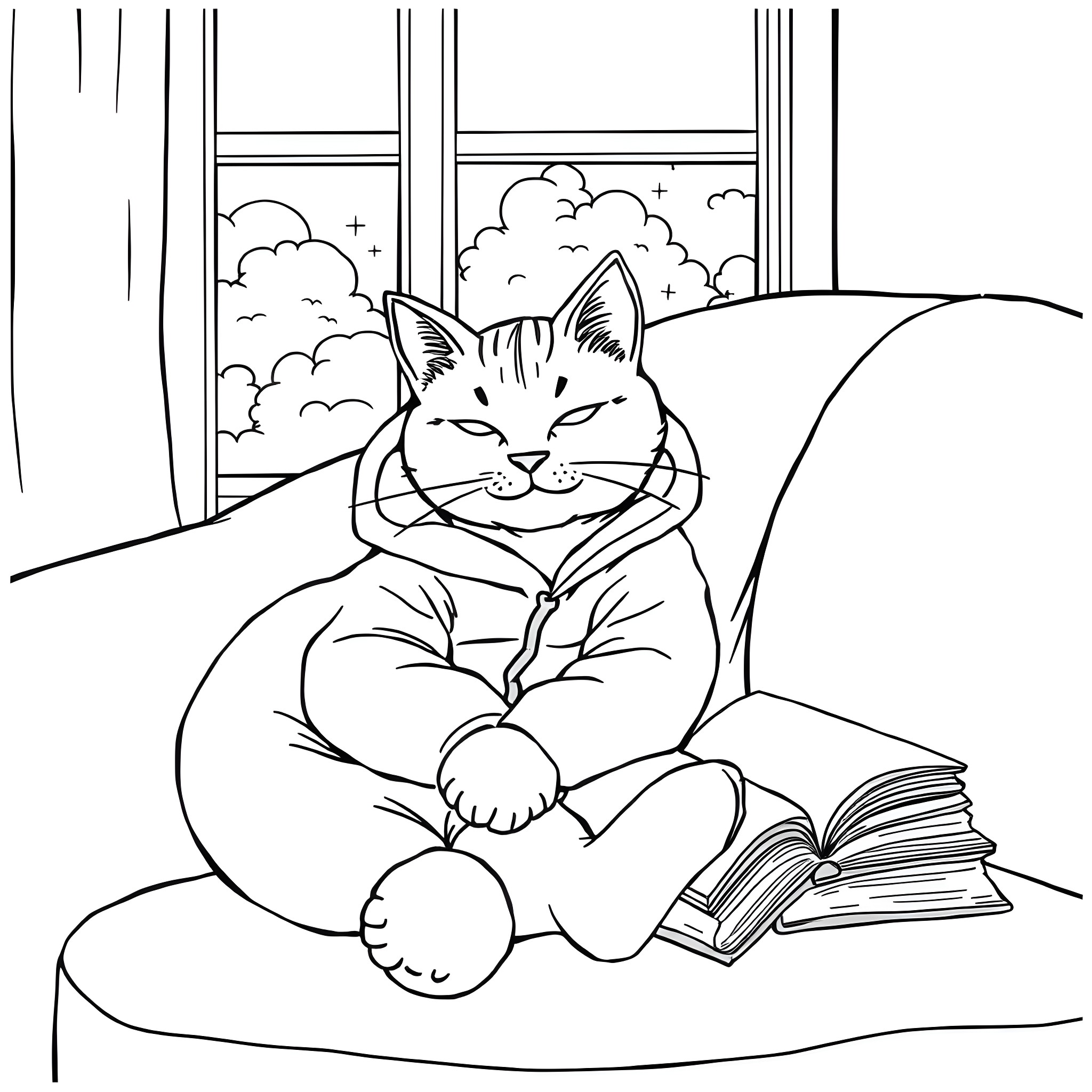 Cat reading a book in a cozy window Coloring Page (free black-and-white line drawing printable PDF for all, from beginners to advanced learners, including children, teens, adults, and seniors)