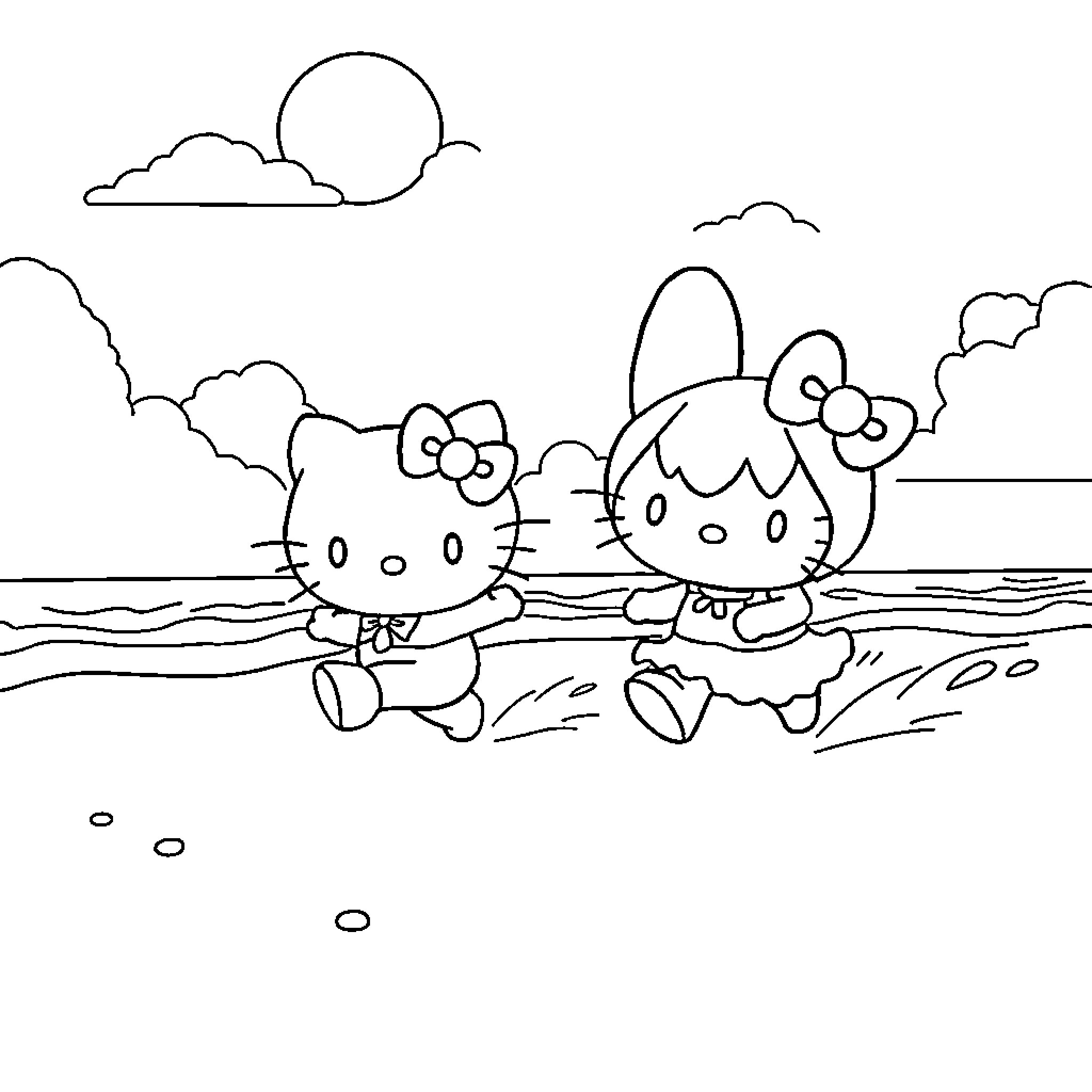 Hello Kitty playing with friends by the seaside Coloring Page (free black-and-white line drawing printable PDF for all, from beginners to advanced learners, including children, teens, adults, and seniors)