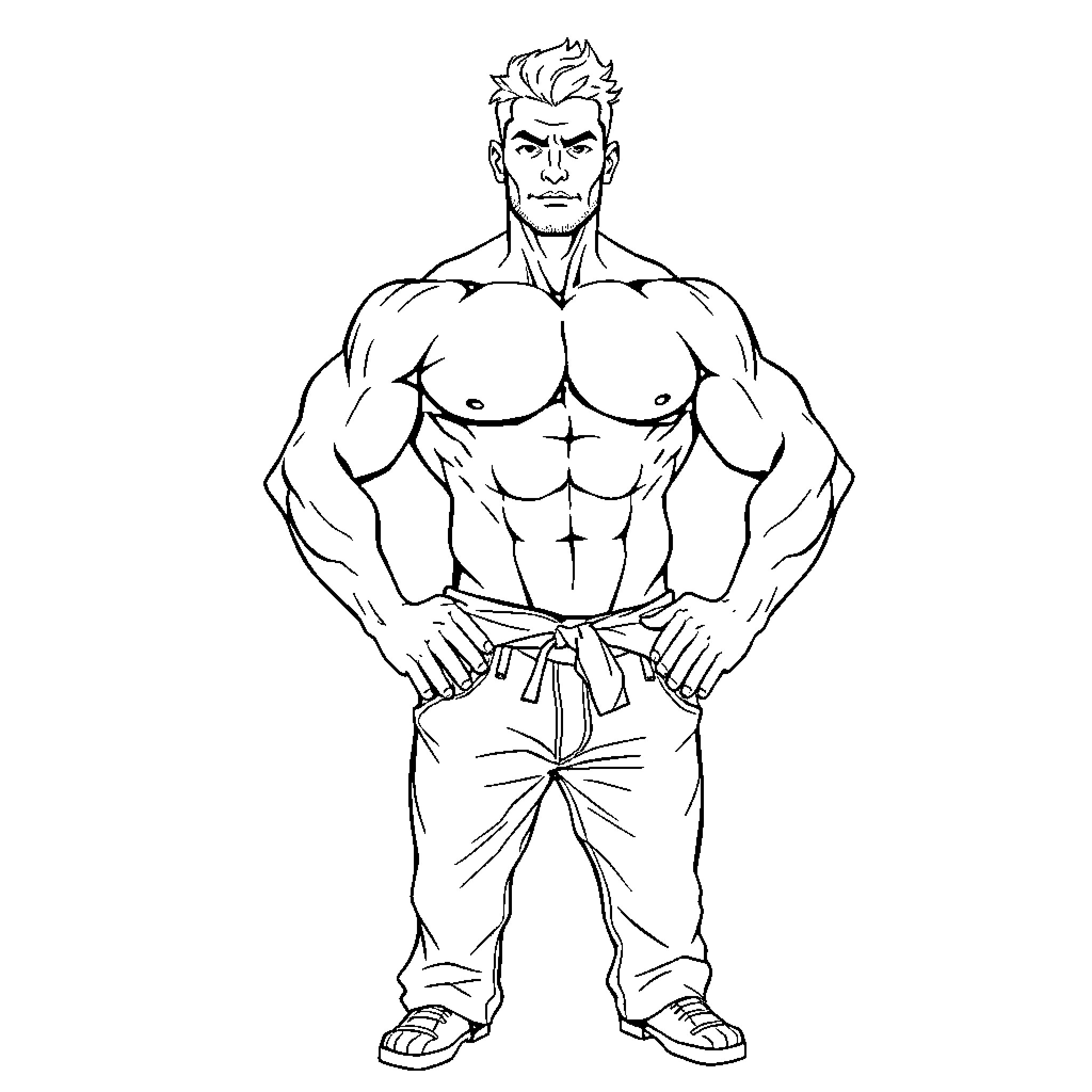 Man displaying muscular physique and confident pose Coloring Page (free black-and-white line drawing printable PDF for all, from beginners to advanced learners, including children, teens, adults, and seniors)