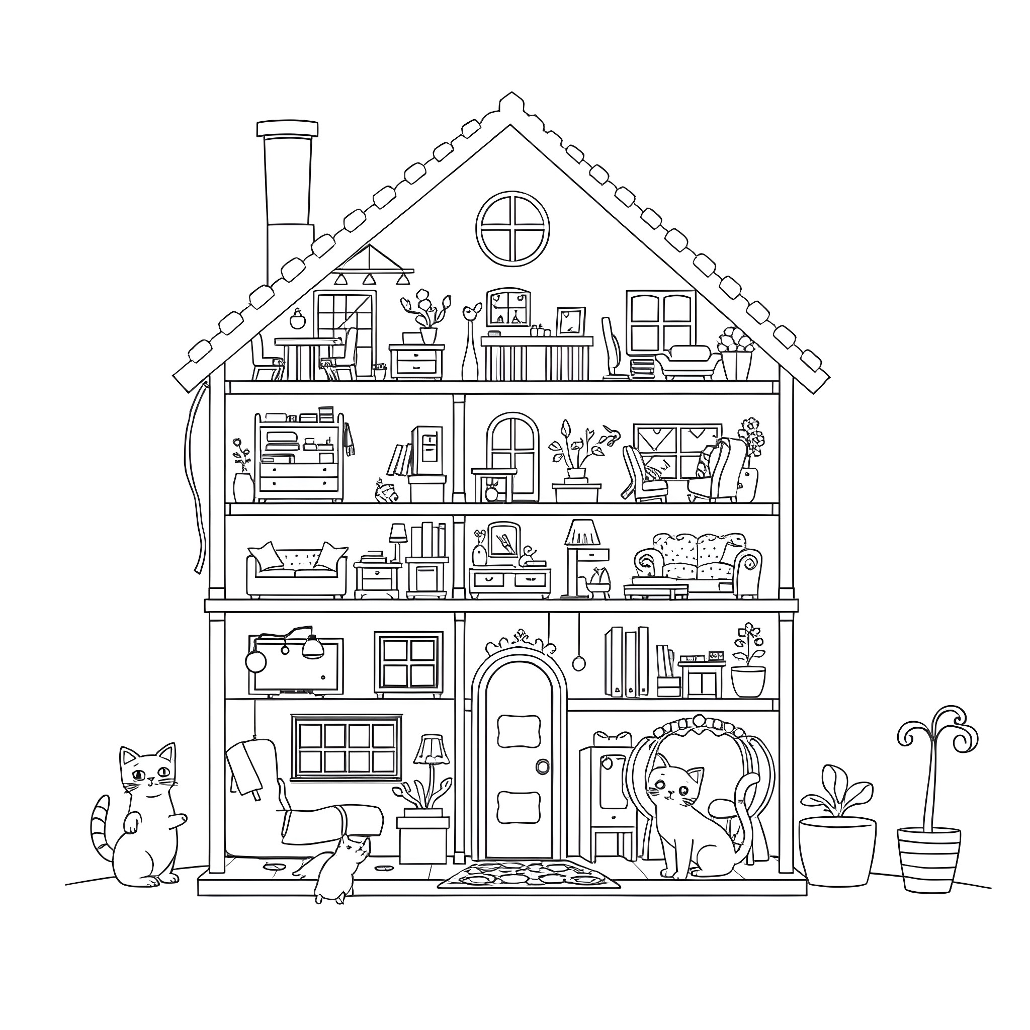 Gabby's Cozy Dollhouse Adventure Coloring Page (free black-and-white line drawing printable PDF for all, from beginners to advanced learners, including children, teens, adults, and seniors)
