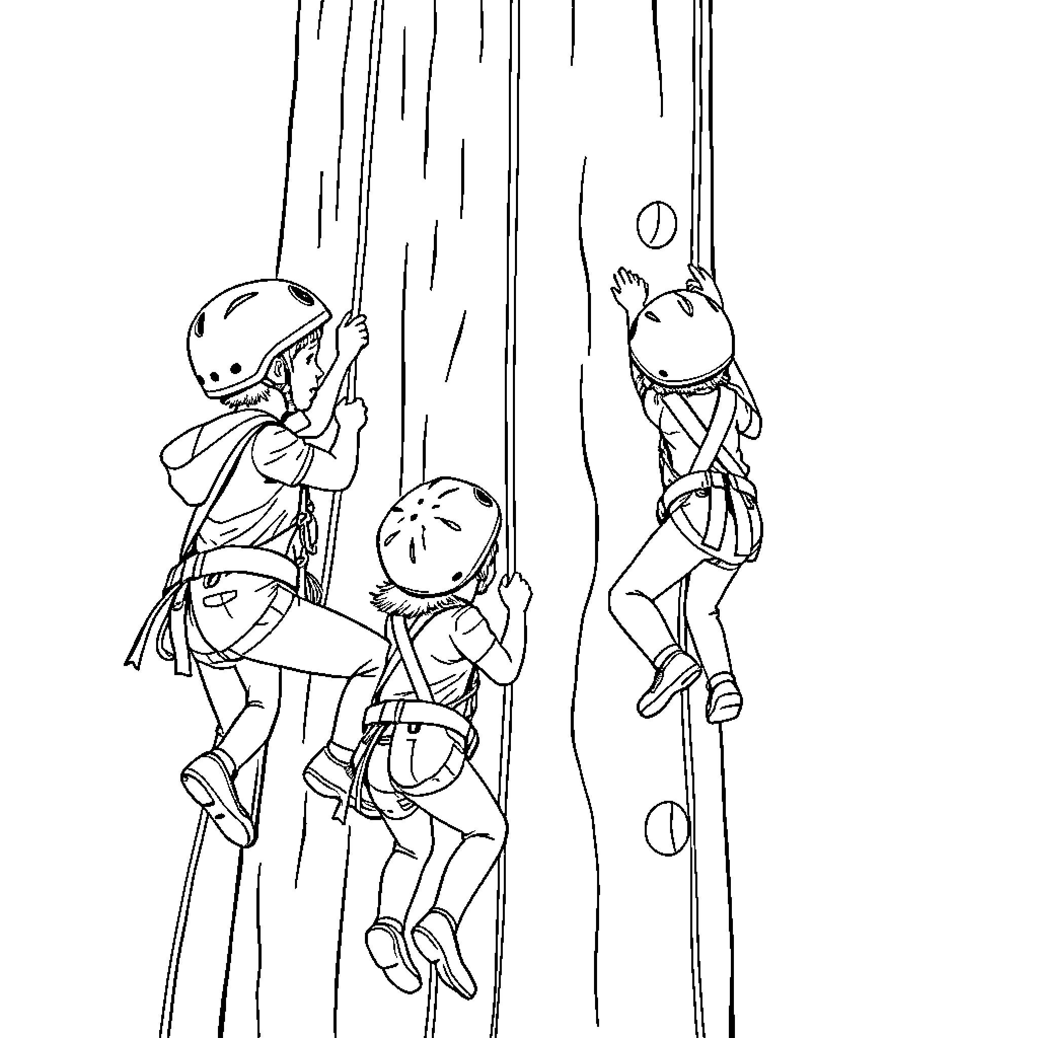 Kids climbing and exploring together Coloring Page (free black-and-white line drawing printable PDF for all, from beginners to advanced learners, including children, teens, adults, and seniors)
