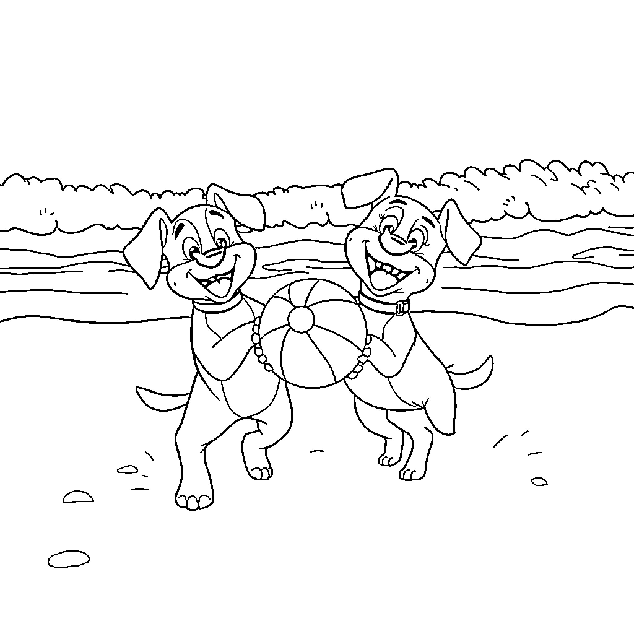 Bluey playing with beach ball on the shore Coloring Page (free black-and-white line drawing printable PDF for all, from beginners to advanced learners, including children, teens, adults, and seniors)