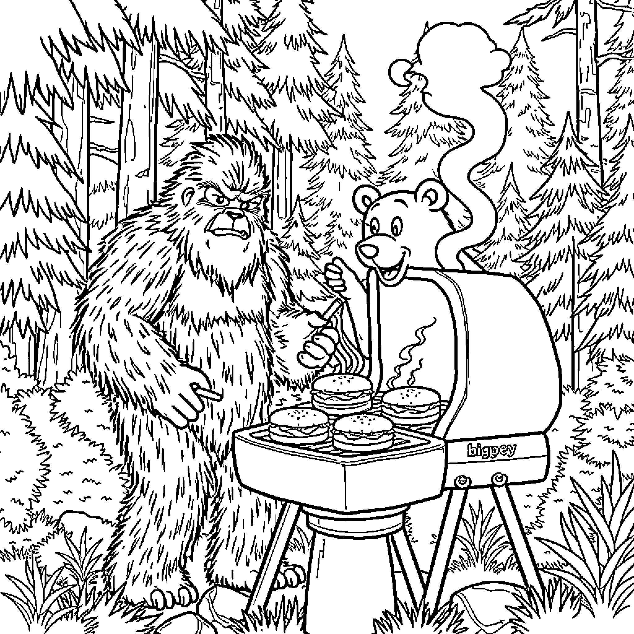 Bigfoot Cooking Burgers in the Wilderness Coloring Page (free black-and-white line drawing printable PDF for all, from beginners to advanced learners, including children, teens, adults, and seniors)