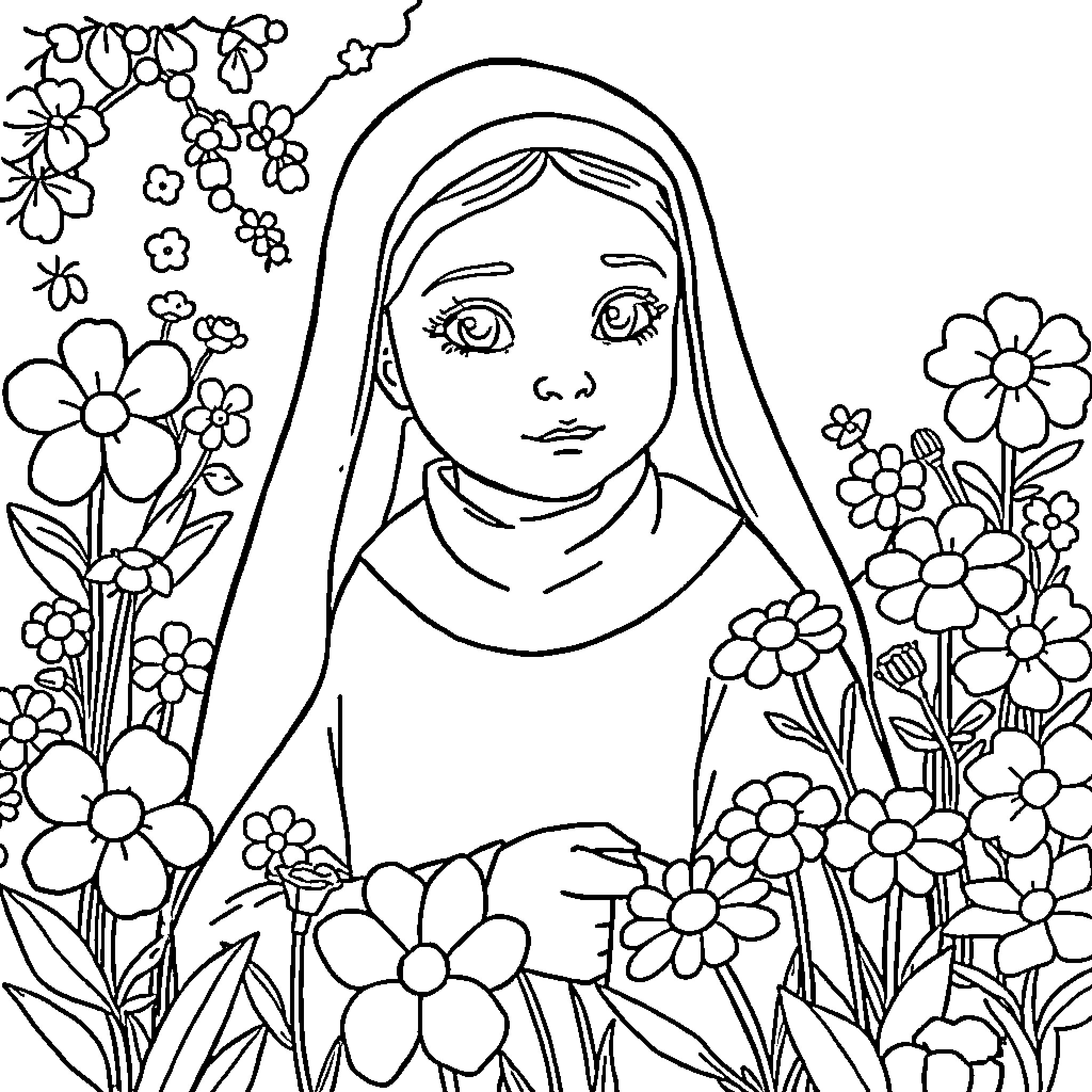 St. Therese surrounded by blooming flowers Coloring Page (free black-and-white line drawing printable PDF for all, from beginners to advanced learners, including children, teens, adults, and seniors)