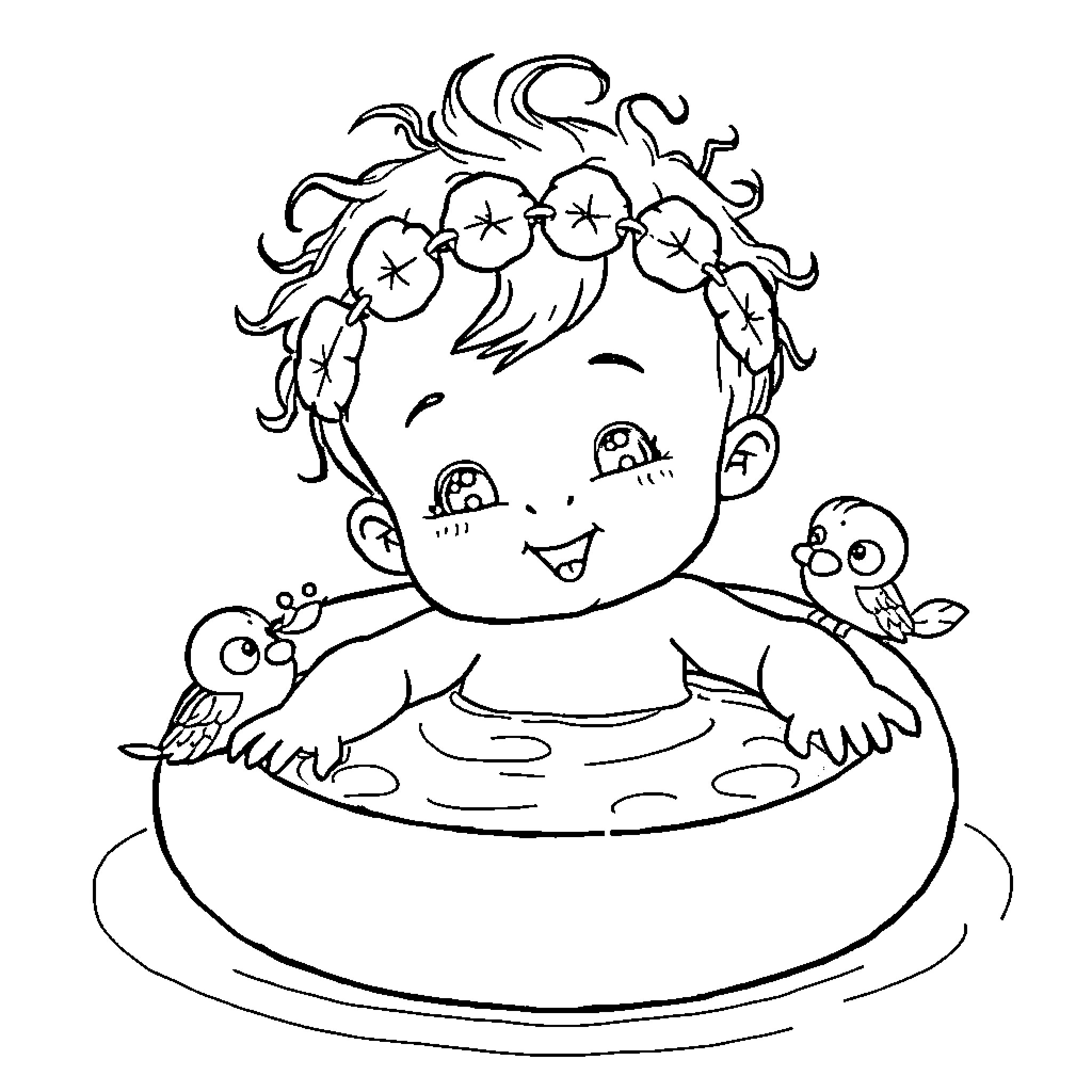 Bebe relaxing in a bathtub with playful critters Coloring Page (free black-and-white line drawing printable PDF for all, from beginners to advanced learners, including children, teens, adults, and seniors)