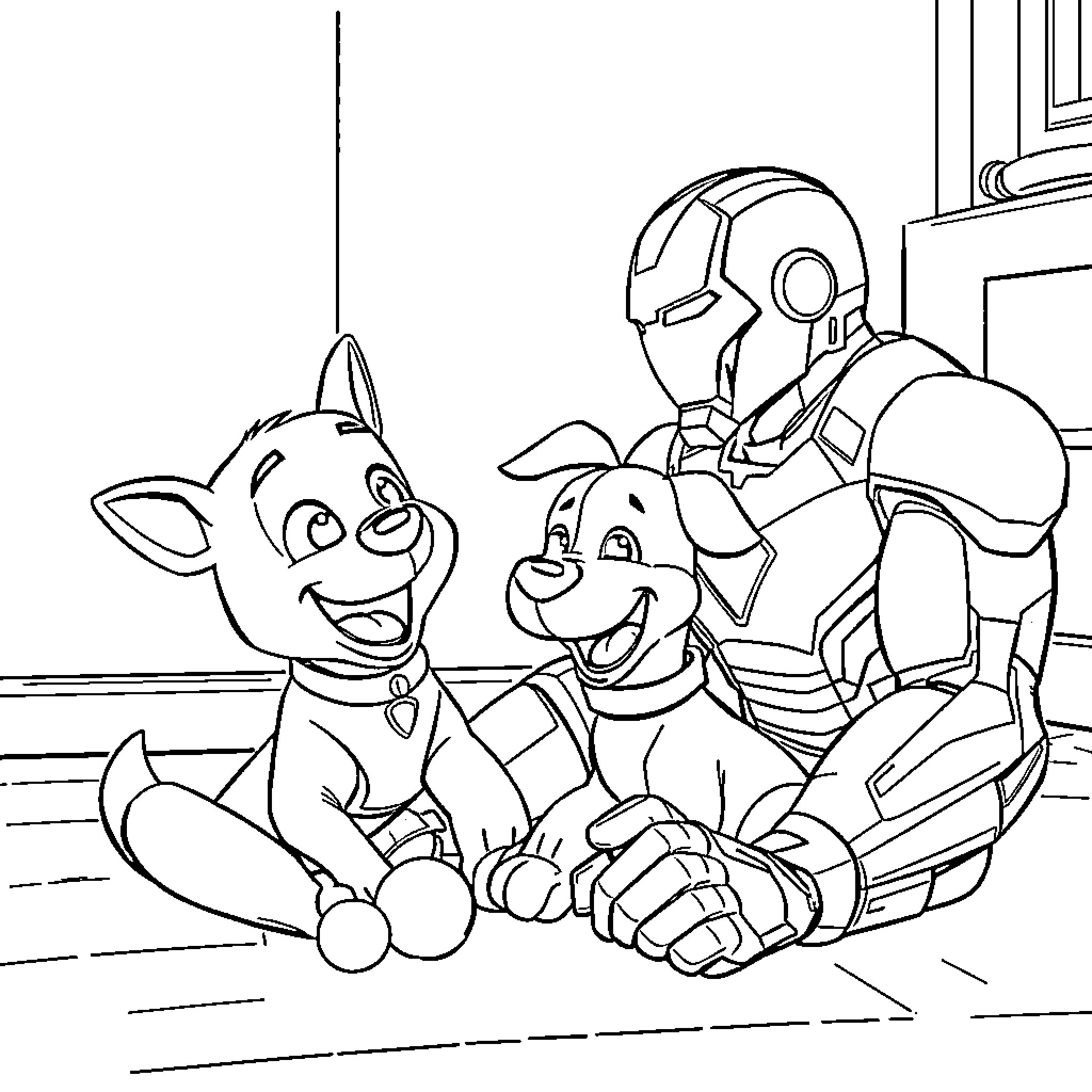 Iron Man playing with adorable cartoon characters Coloring Page (free black-and-white line drawing printable PDF for all, from beginners to advanced learners, including children, teens, adults, and seniors)