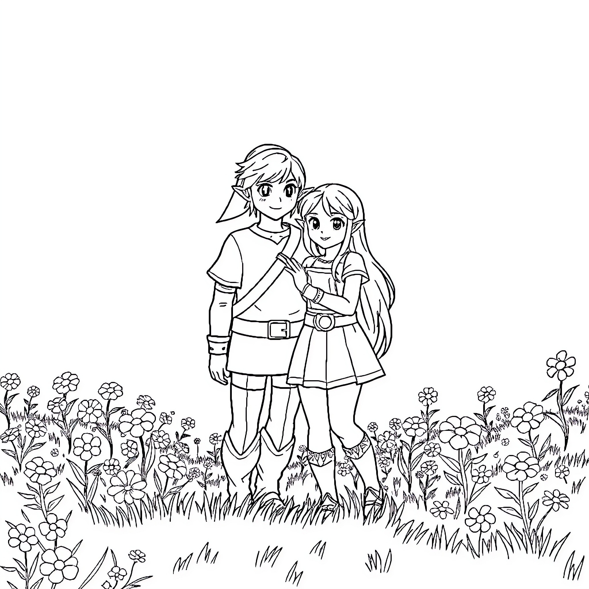 Link Embracing Companion in Floral Field Coloring Page (free black-and-white line drawing printable PDF for all, from beginners to advanced learners, including children, teens, adults, and seniors)