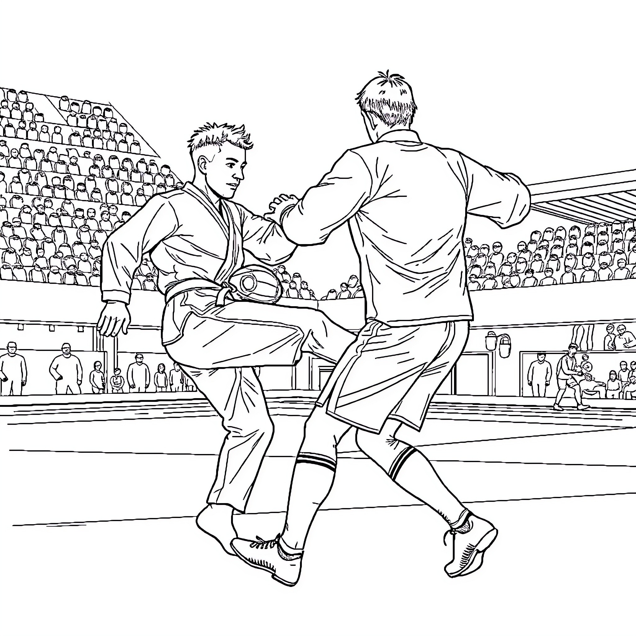 Footballer competing in sports tournament on arena Coloring Page (free black-and-white line drawing printable PDF for all, from beginners to advanced learners, including children, teens, adults, and seniors)