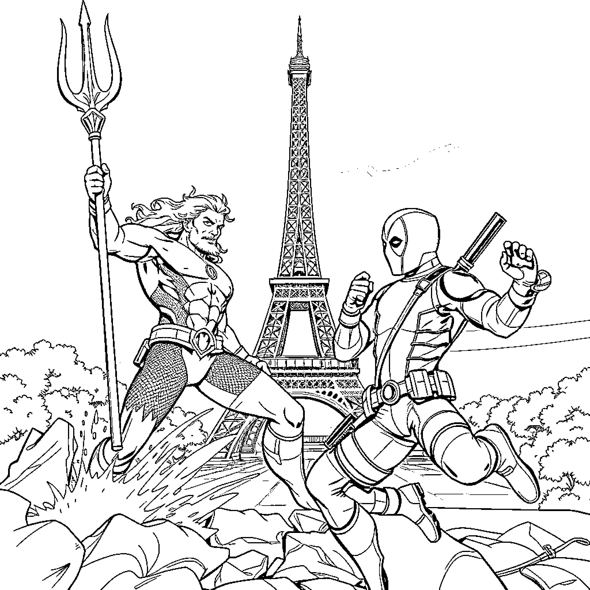 Aquaman and Deadpool face off in Paris Coloring Page (free black-and-white line drawing printable PDF for all, from beginners to advanced learners, including children, teens, adults, and seniors)