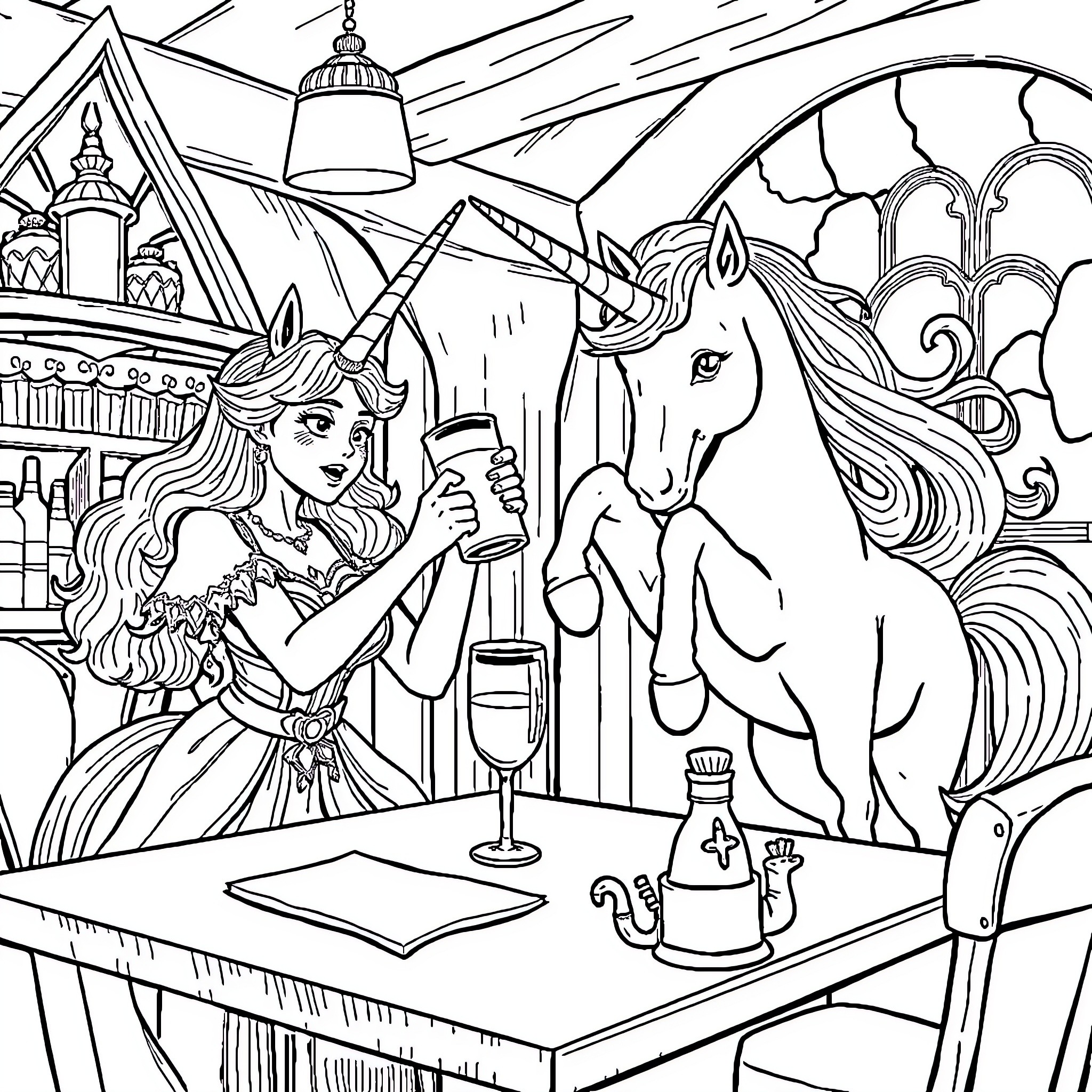 Unicorn princess exploring a mystical castle Coloring Page (free black-and-white line drawing printable PDF for all, from beginners to advanced learners, including children, teens, adults, and seniors)
