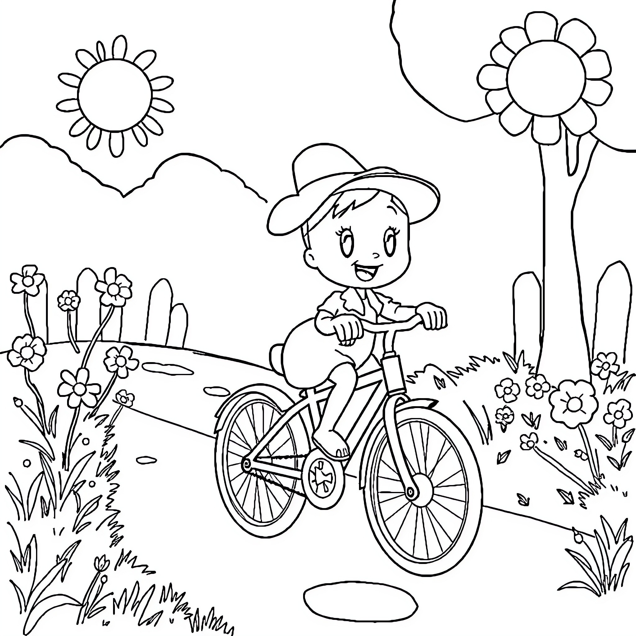 Poppy Playtime - Playful Bicycle Ride through Flowery Meadow Coloring Page (free black-and-white line drawing printable PDF for all, from beginners to advanced learners, including children, teens, adults, and seniors)