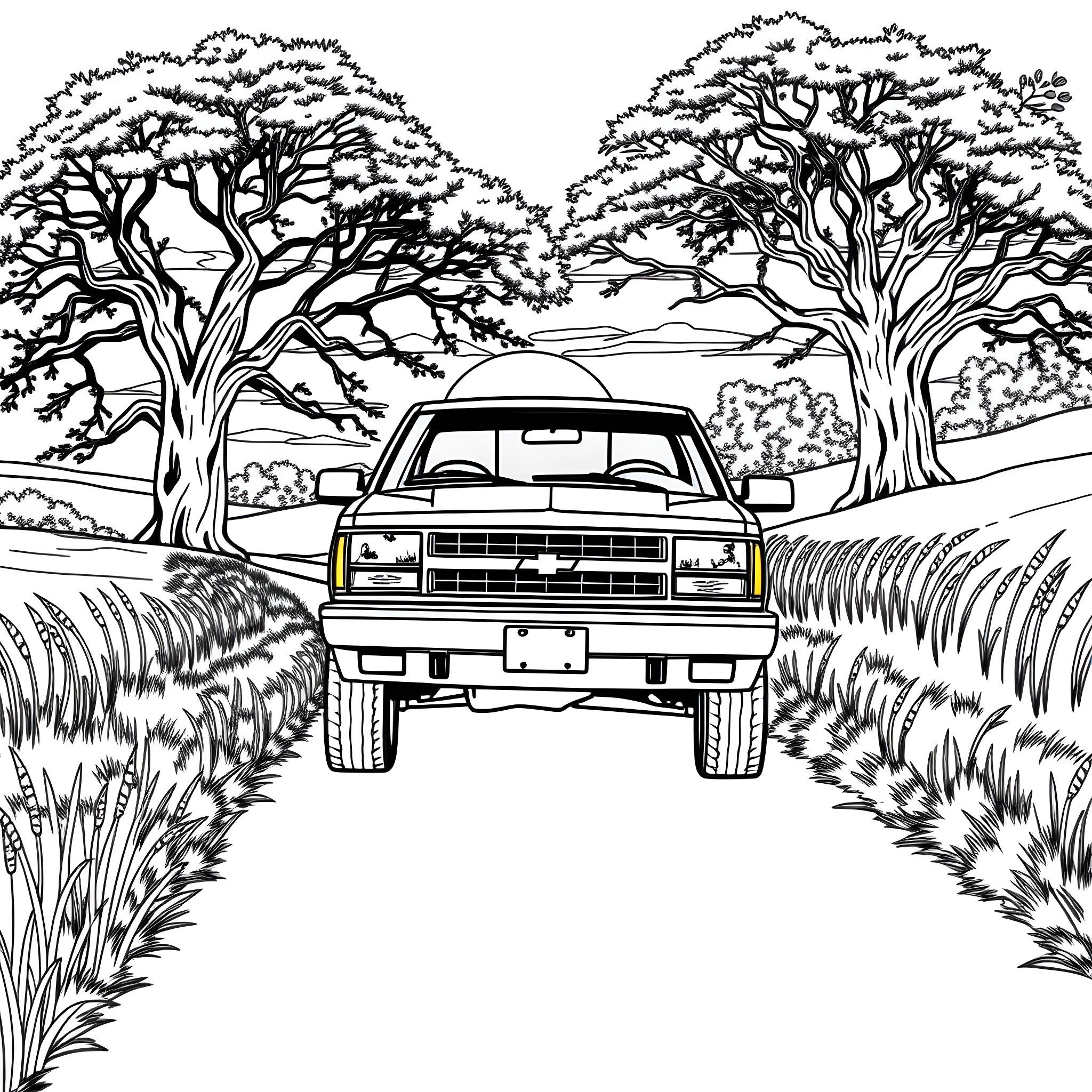 Chevy S10 truck driving through a rural landscape Coloring Page (free black-and-white line drawing printable PDF for all, from beginners to advanced learners, including children, teens, adults, and seniors)