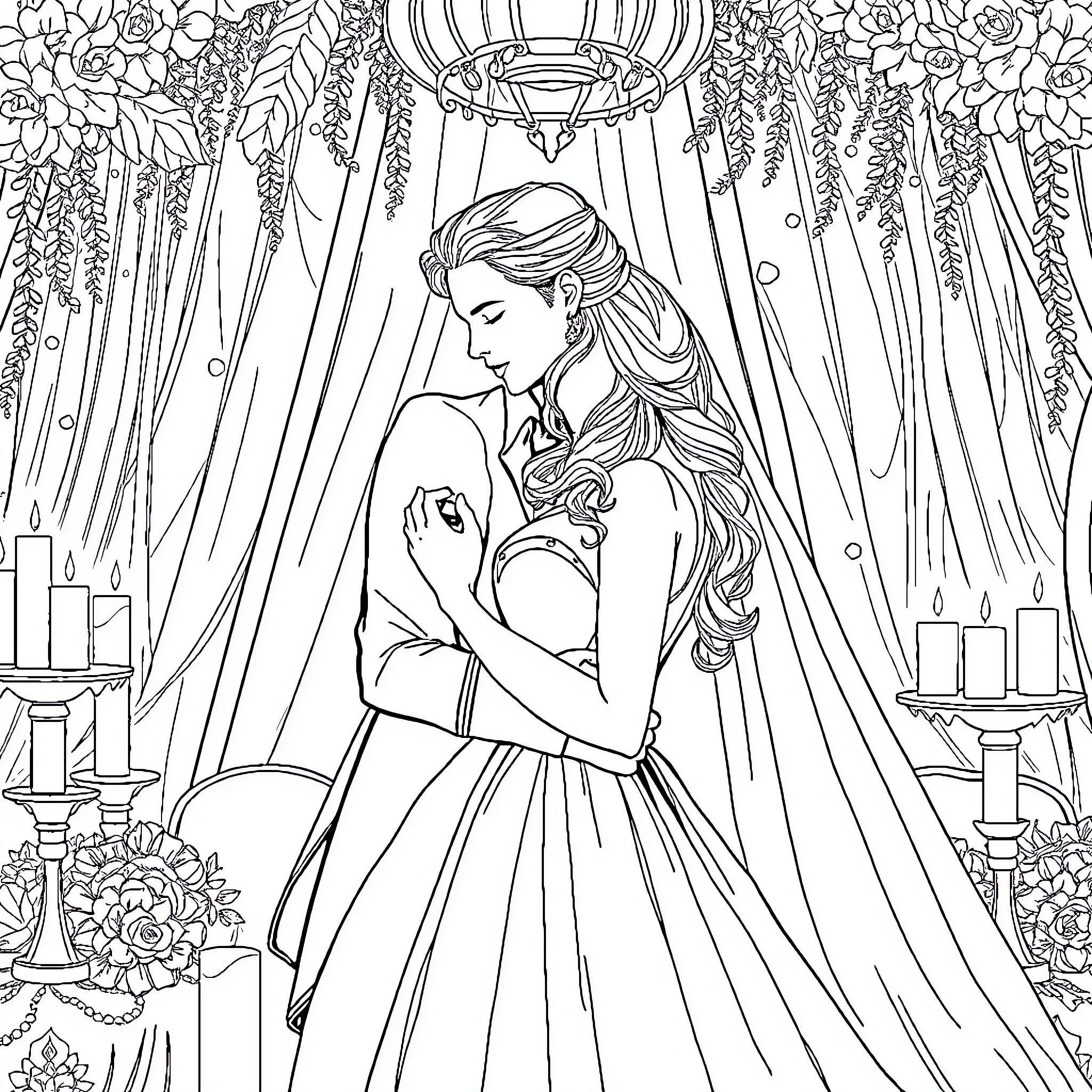 Feyre in Elegant Bridal Gown with Floral Backdrop Coloring Page (free black-and-white line drawing printable PDF for all, from beginners to advanced learners, including children, teens, adults, and seniors)