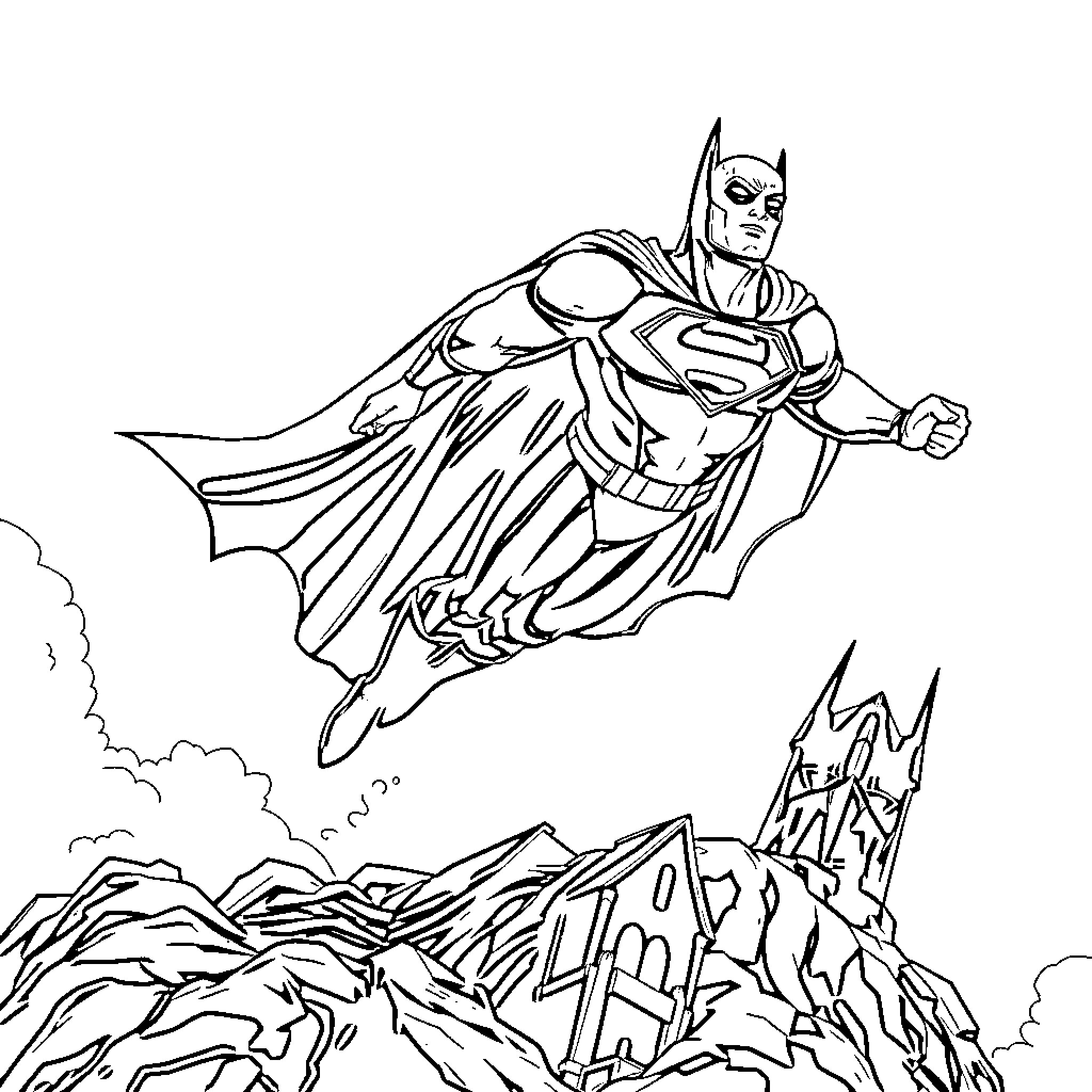 Superman soaring above the cityscape Coloring Page (free black-and-white line drawing printable PDF for all, from beginners to advanced learners, including children, teens, adults, and seniors)
