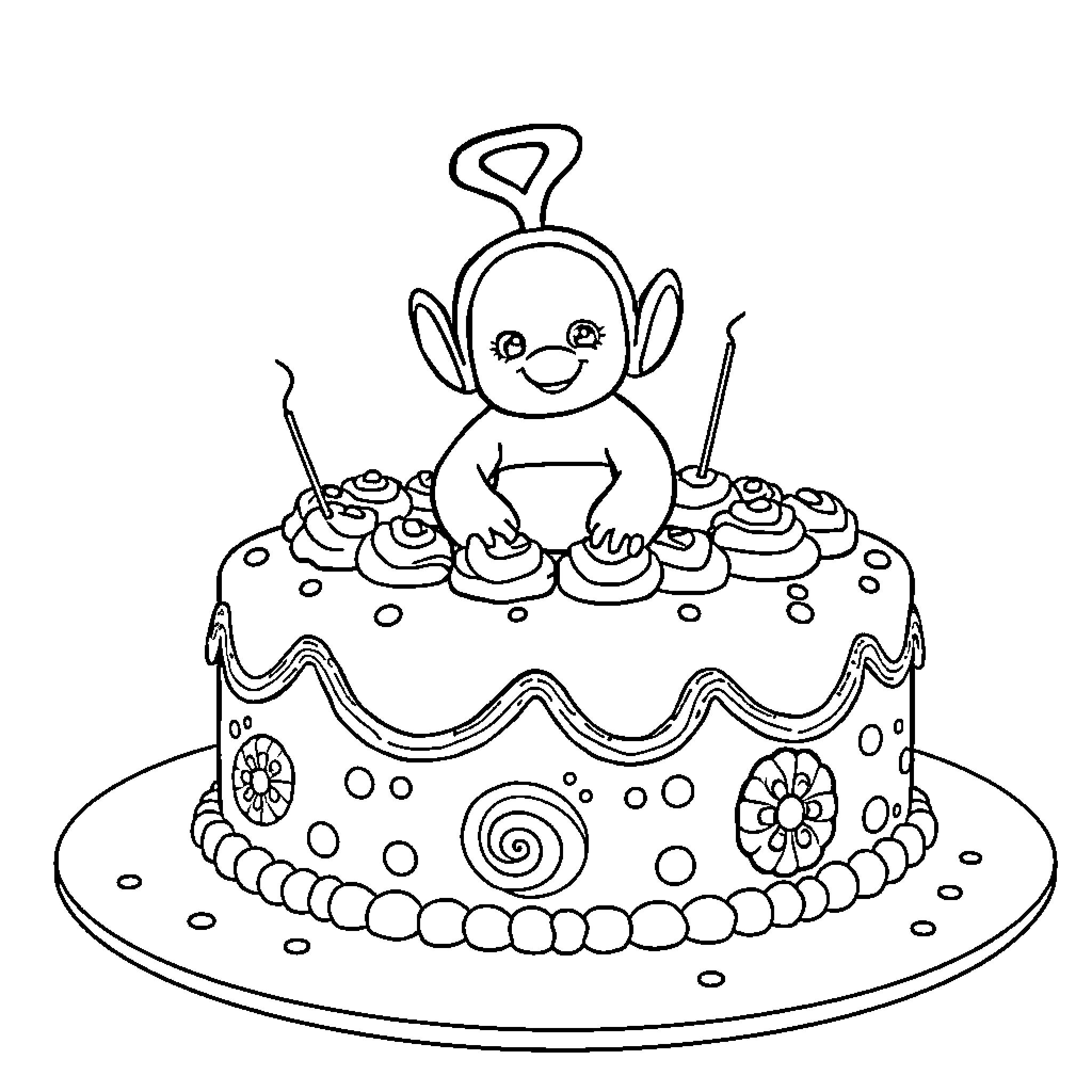 Tinky Winky sitting on a whimsical cake Coloring Page (free black-and-white line drawing printable PDF for all, from beginners to advanced learners, including children, teens, adults, and seniors)
