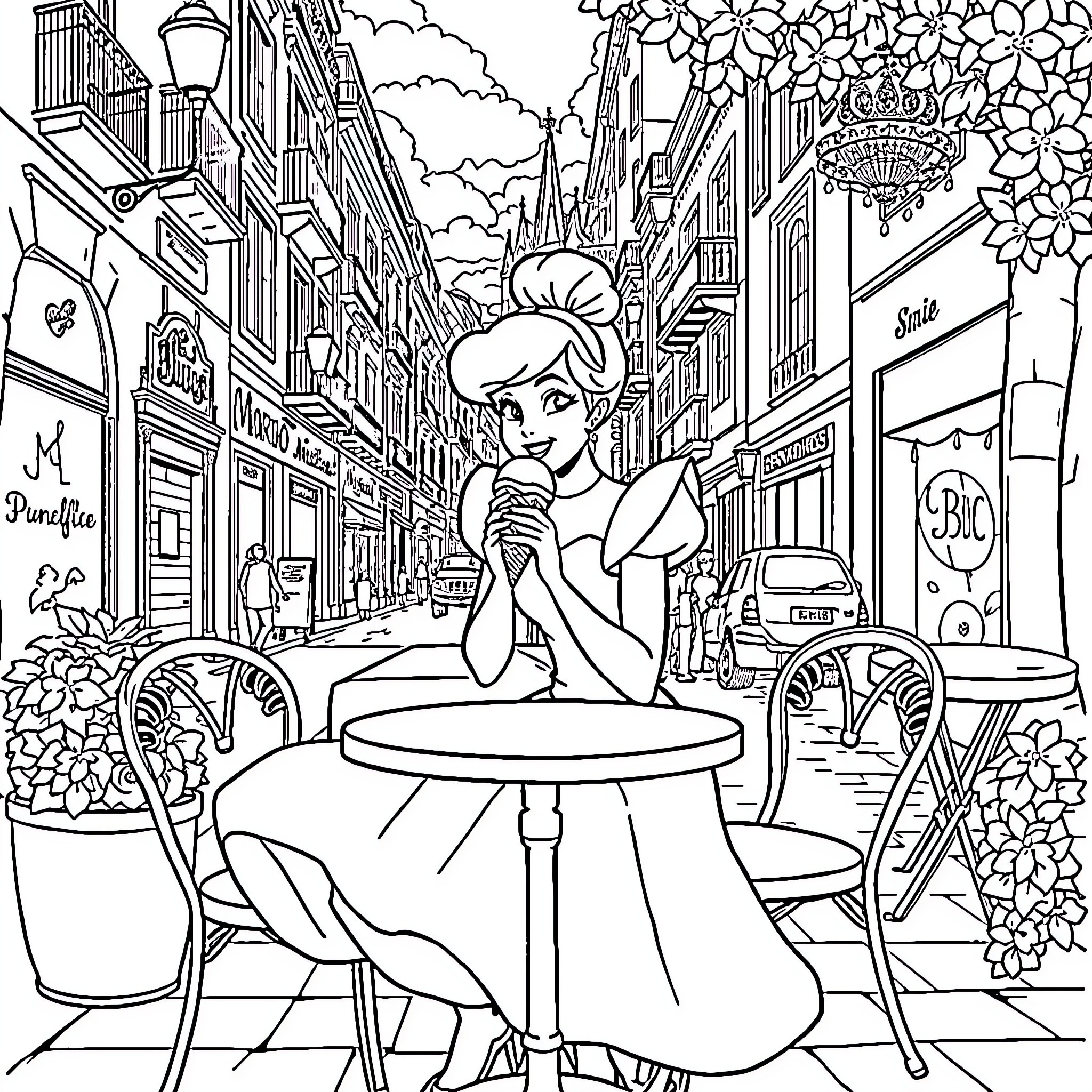Cinderella enjoying a quiet moment in a European street Coloring Page (free black-and-white line drawing printable PDF for all, from beginners to advanced learners, including children, teens, adults, and seniors)