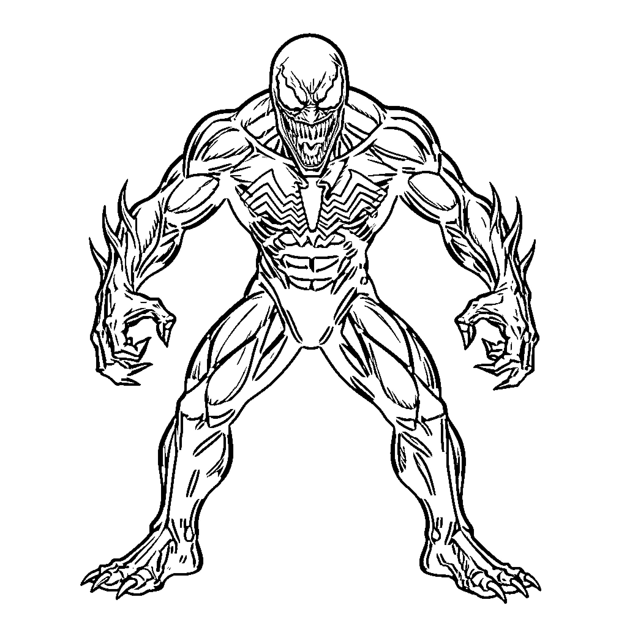 Venom snarling with a menacing and muscular stance Coloring Page (free black-and-white line drawing printable PDF for all, from beginners to advanced learners, including children, teens, adults, and seniors)