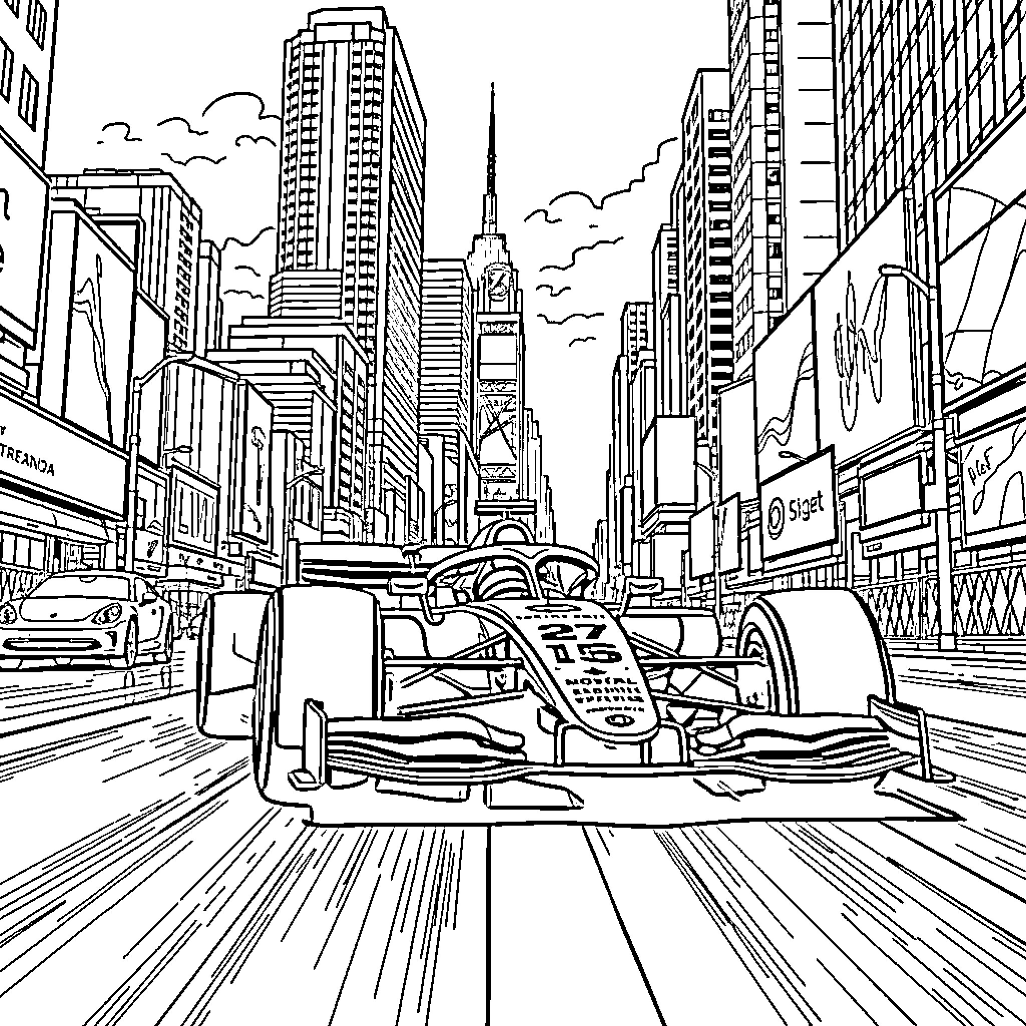 Formula 1 Car racing through the city streets Coloring Page (free black-and-white line drawing printable PDF for all, from beginners to advanced learners, including children, teens, adults, and seniors)