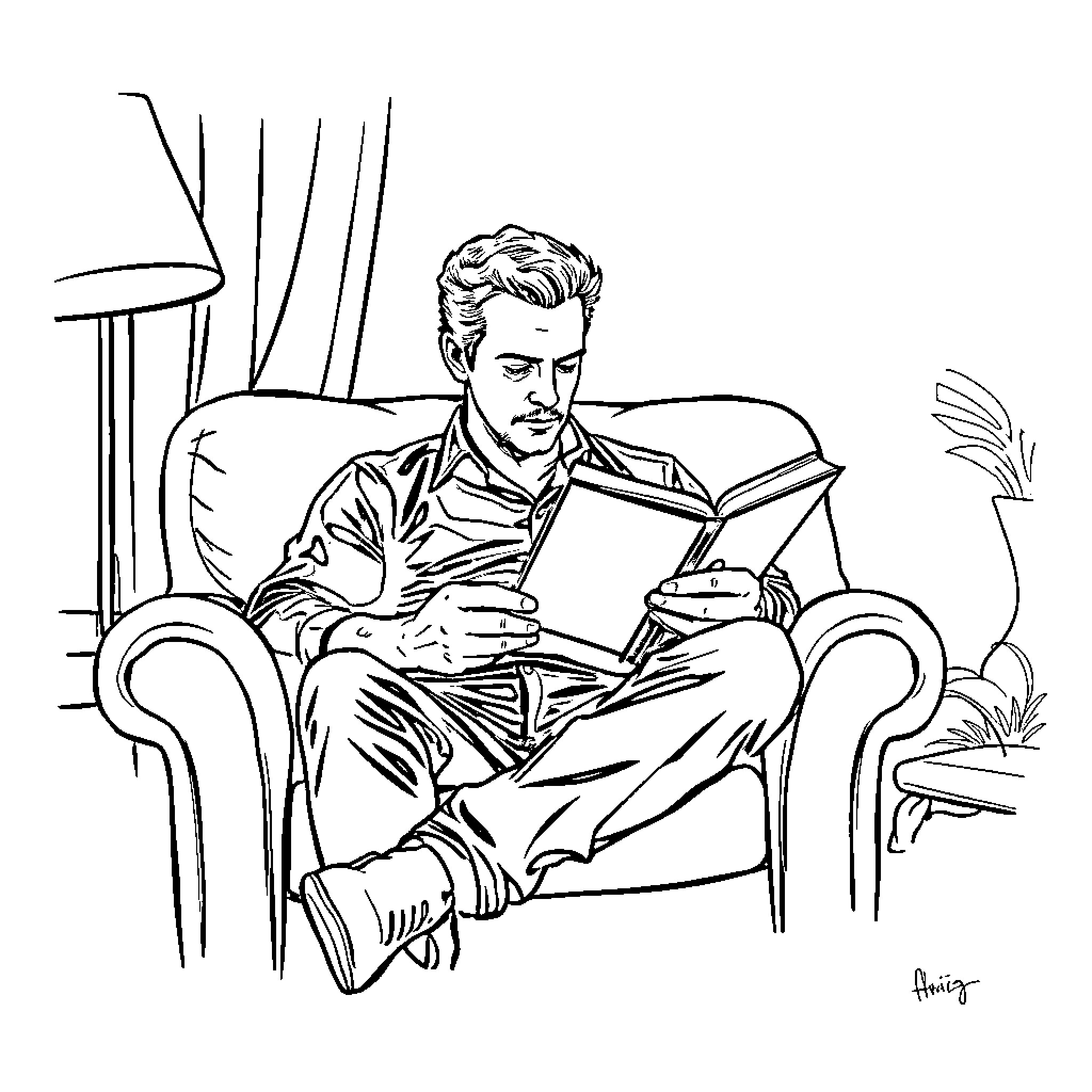 Matthew McConaughey reading intently in armchair Coloring Page (free black-and-white line drawing printable PDF for all, from beginners to advanced learners, including children, teens, adults, and seniors)