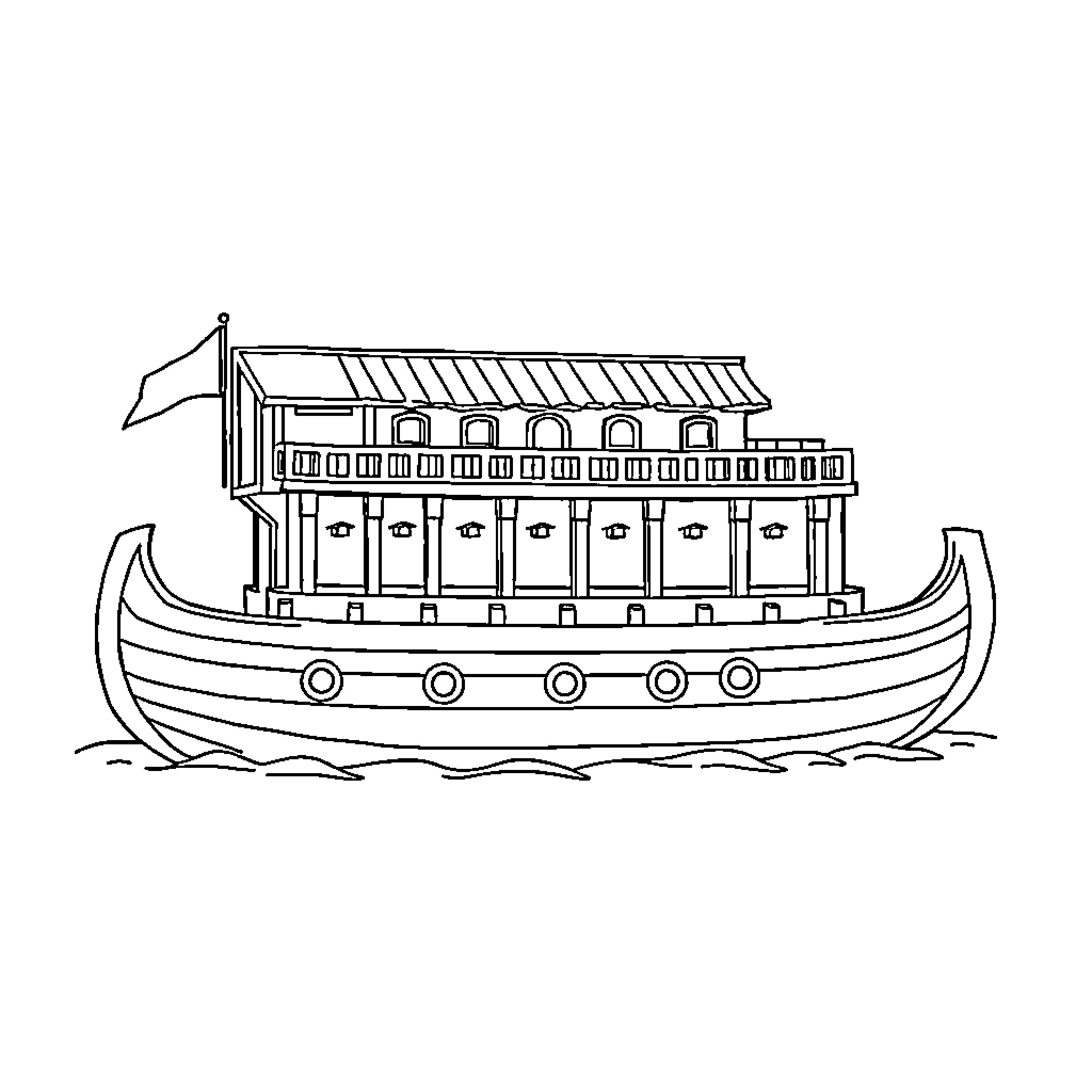 Noah's Ark Sailing Over the Waves Coloring Page (free black-and-white line drawing printable PDF for all, from beginners to advanced learners, including children, teens, adults, and seniors)