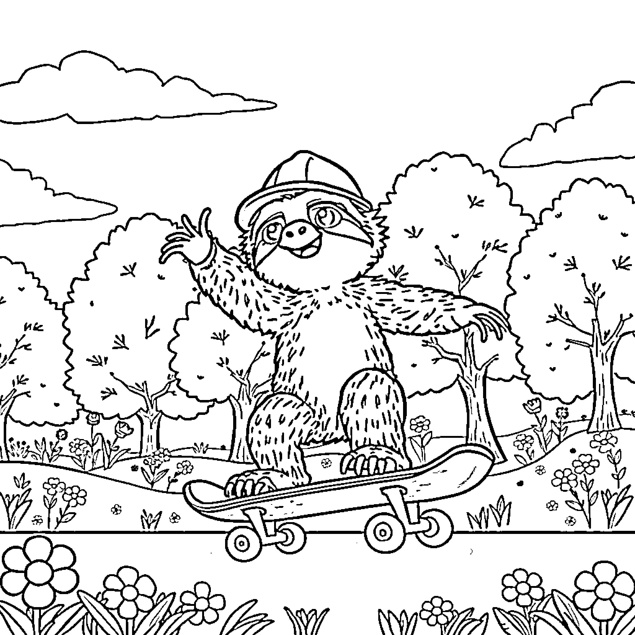 Sloth skateboarding through a nature scene Coloring Page (free black-and-white line drawing printable PDF for all, from beginners to advanced learners, including children, teens, adults, and seniors)