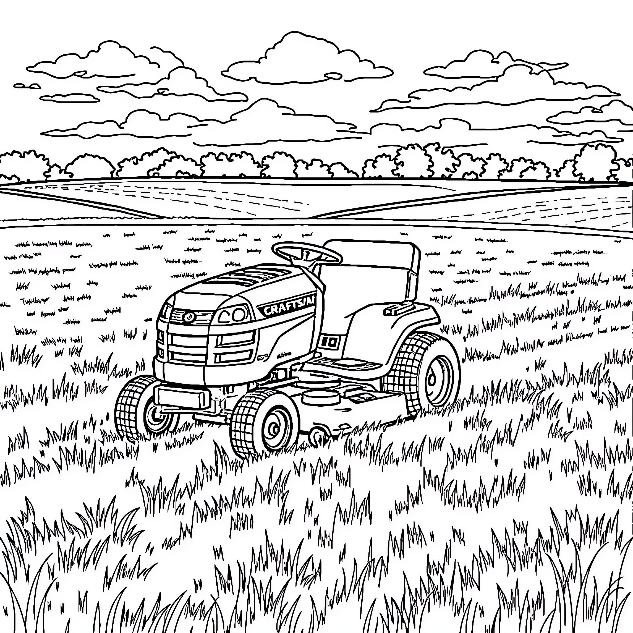 Lawnmower cutting through grassy field under cloudy sky Coloring Page (free black-and-white line drawing printable PDF for all, from beginners to advanced learners, including children, teens, adults, and seniors)