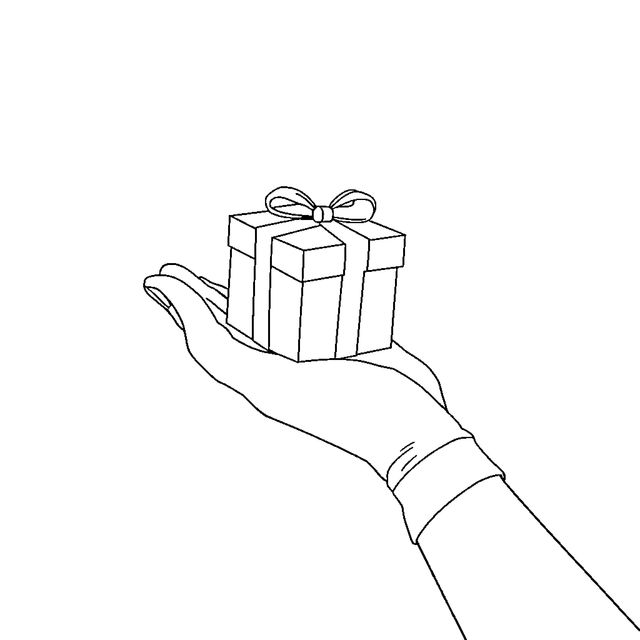 Hand holding a gift box with a bow Coloring Page (free black-and-white line drawing printable PDF for all, from beginners to advanced learners, including children, teens, adults, and seniors)