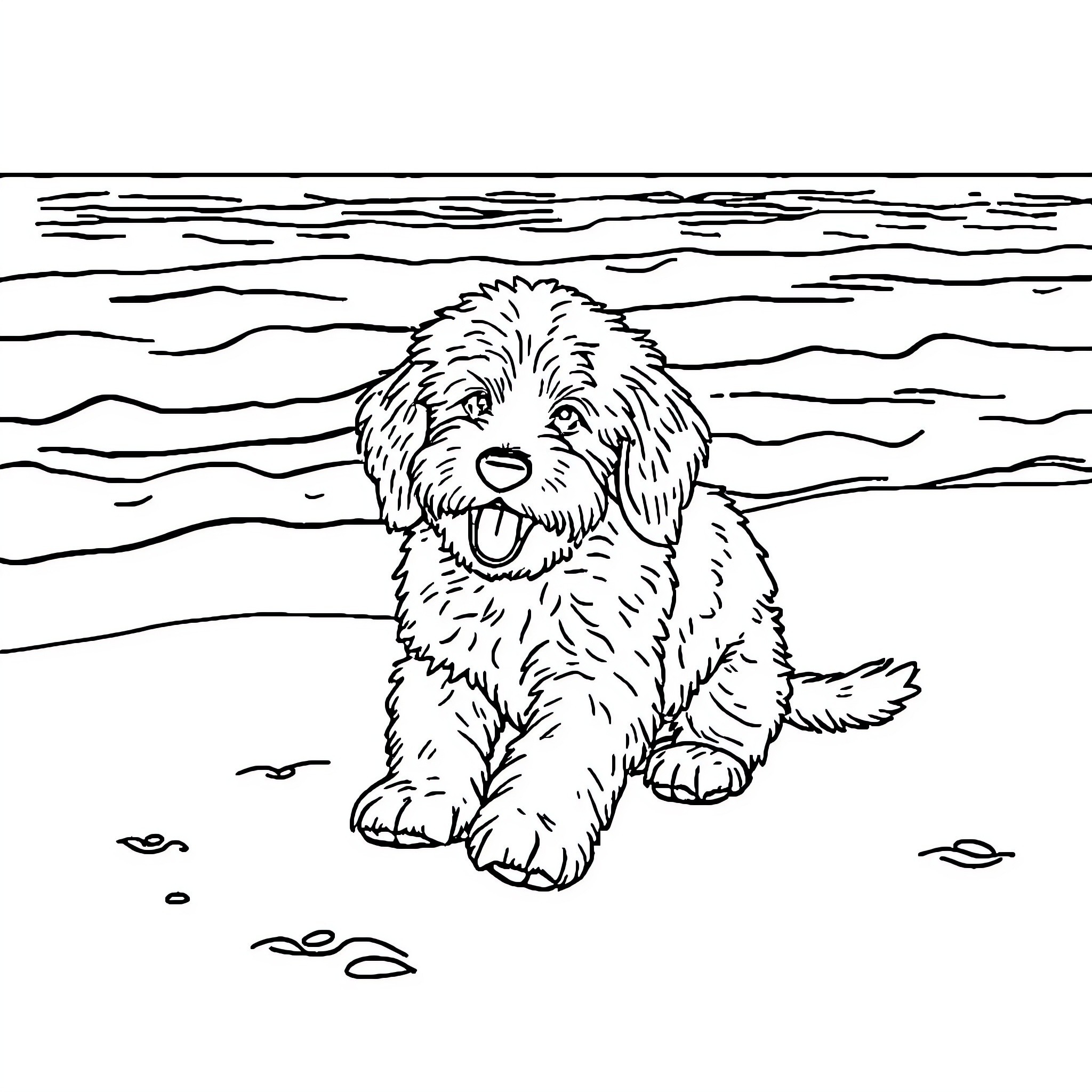 Goldendoodle sitting happily on the beach Coloring Page (free black-and-white line drawing printable PDF for all, from beginners to advanced learners, including children, teens, adults, and seniors)