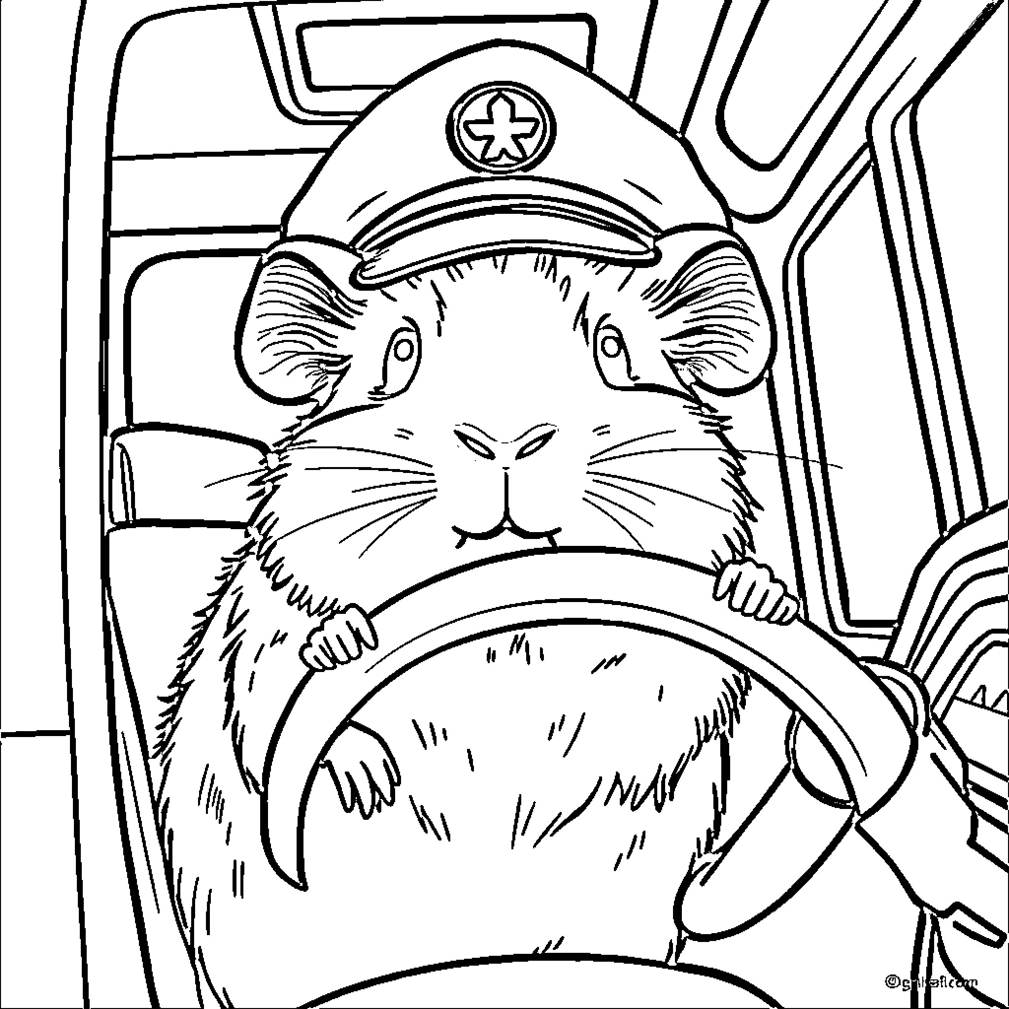 Guinea Pig Driving a Police Car Coloring Page (free black-and-white line drawing printable PDF for all, from beginners to advanced learners, including children, teens, adults, and seniors)
