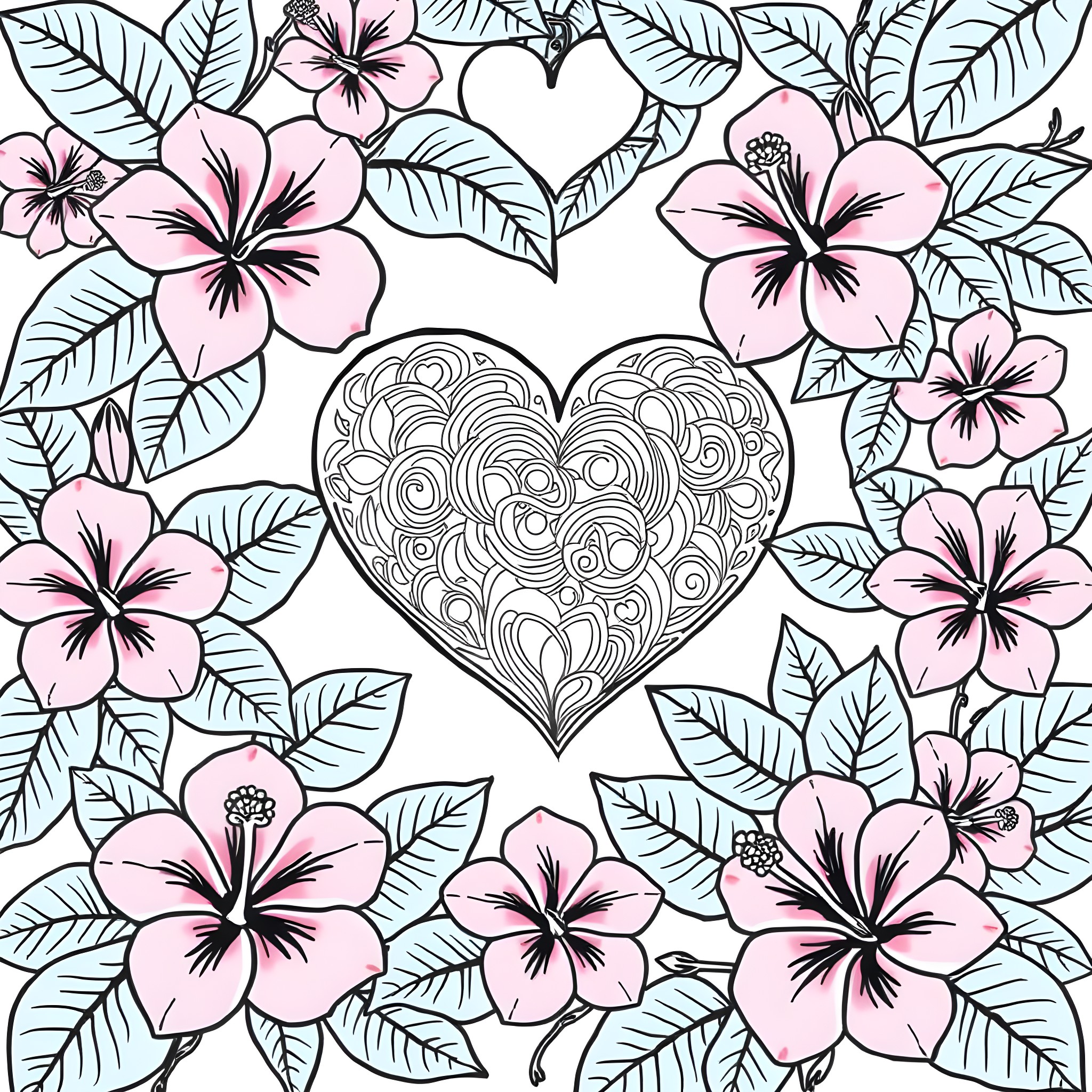 Heart Surrounded by Blooming Floral Patterns Coloring Page (free black-and-white line drawing printable PDF for all, from beginners to advanced learners, including children, teens, adults, and seniors)