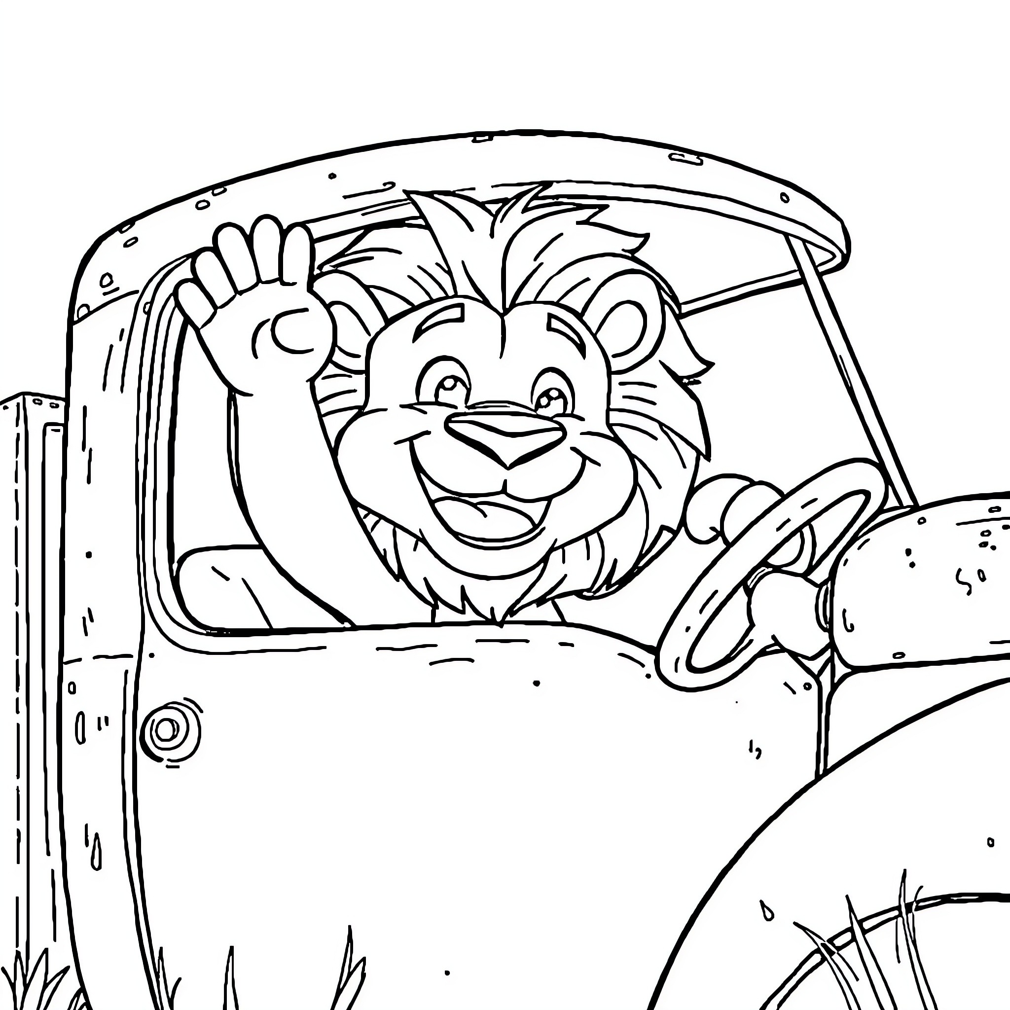 Lion driving happily in car on adventure Coloring Page (free black-and-white line drawing printable PDF for all, from beginners to advanced learners, including children, teens, adults, and seniors)