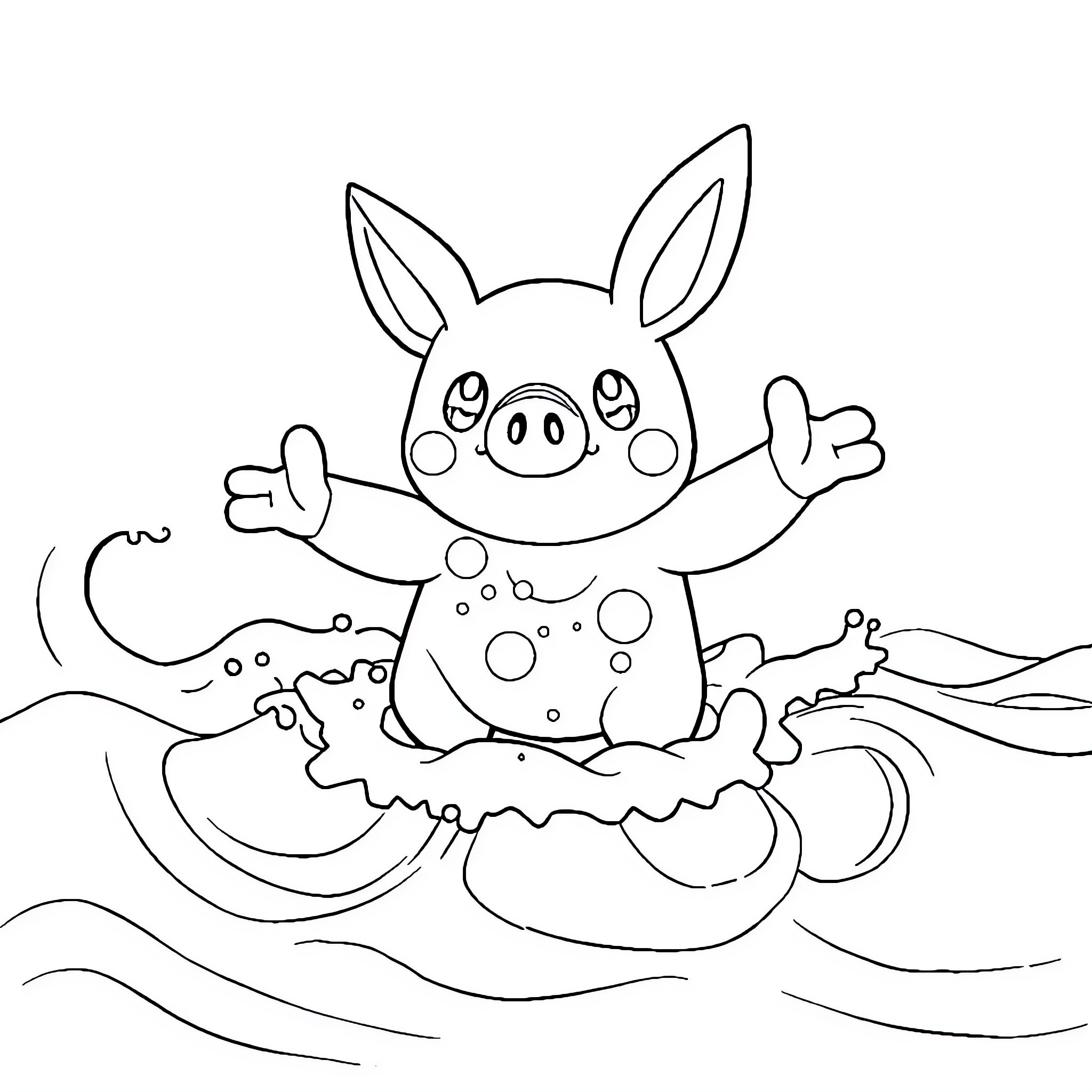 Pokémon Piglet Swimming Happily in the Ocean Coloring Page (free black-and-white line drawing printable PDF for all, from beginners to advanced learners, including children, teens, adults, and seniors)