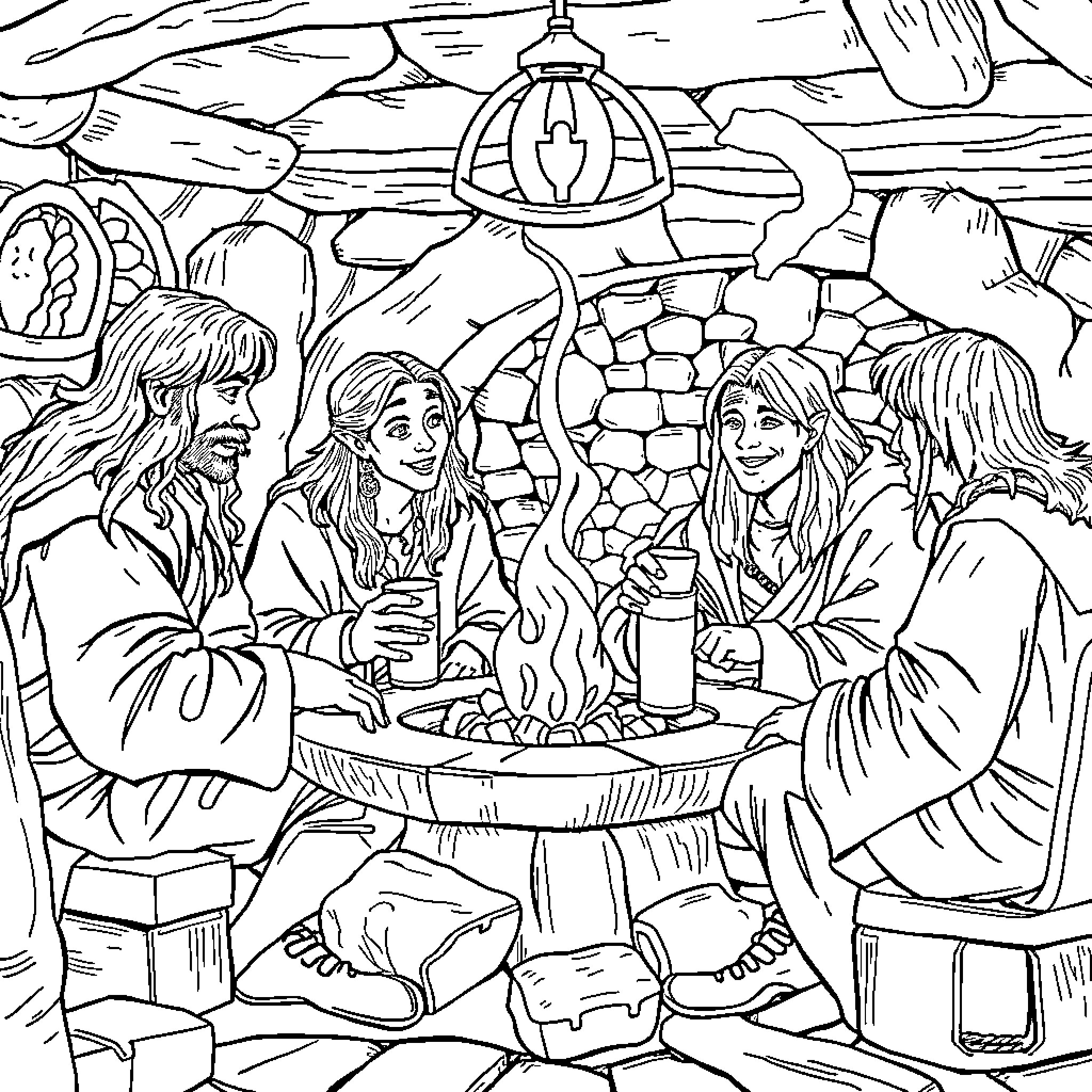 Fellowship of friends gathered by the fireplace Coloring Page (free black-and-white line drawing printable PDF for all, from beginners to advanced learners, including children, teens, adults, and seniors)