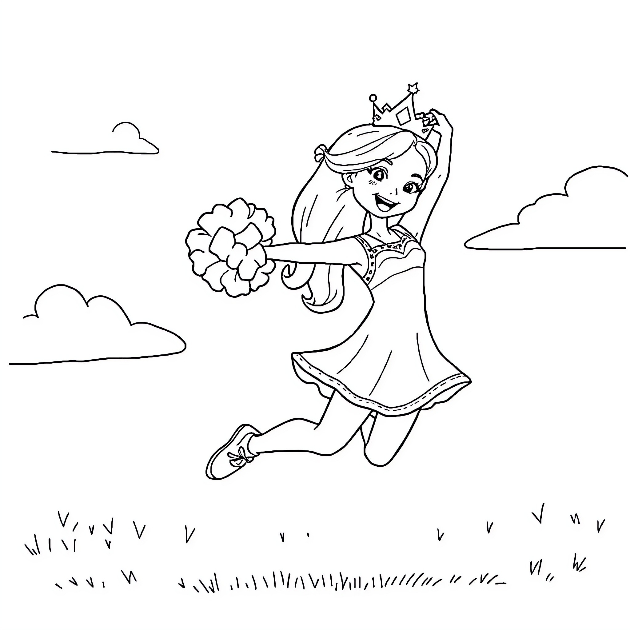 Princess Dancing Joyfully with Flowers Coloring Page (free black-and-white line drawing printable PDF for all, from beginners to advanced learners, including children, teens, adults, and seniors)