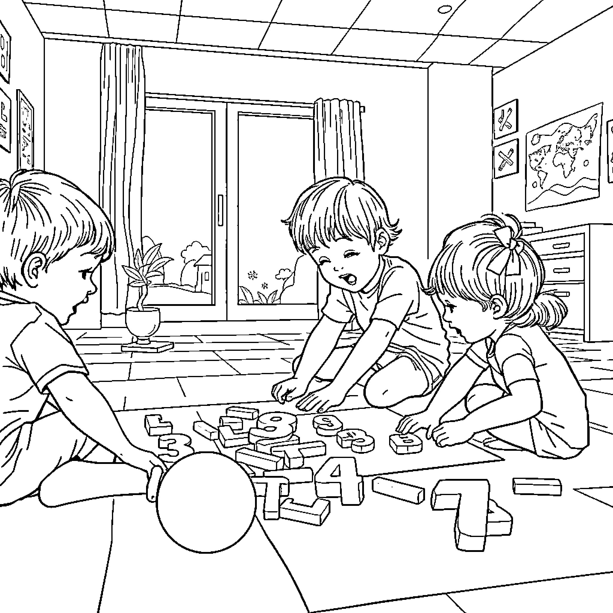 Kids Playing with Building Blocks in Bedroom Coloring Page (free black-and-white line drawing printable PDF for all, from beginners to advanced learners, including children, teens, adults, and seniors)