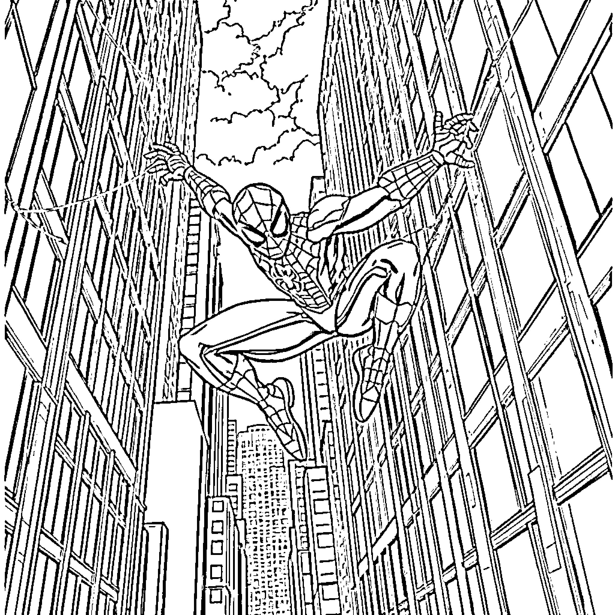 Spiderman swinging through the city skyline Coloring Page (free black-and-white line drawing printable PDF for all, from beginners to advanced learners, including children, teens, adults, and seniors)