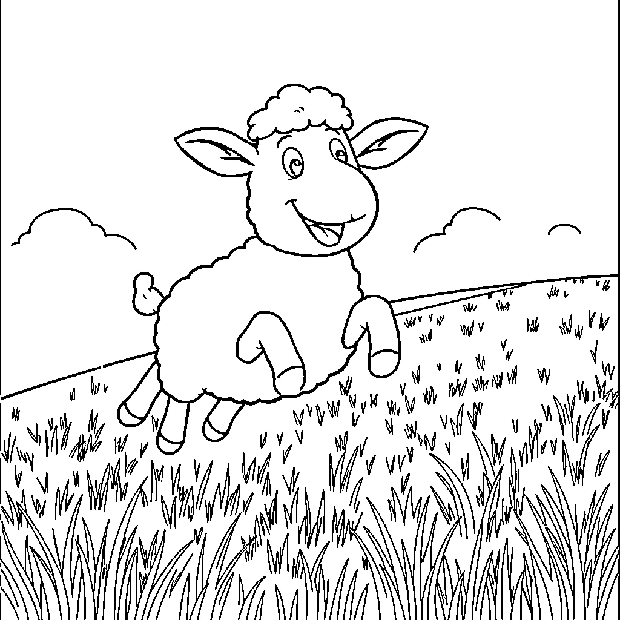 Shaun the Sheep playing happily in the meadow Coloring Page (free black-and-white line drawing printable PDF for all, from beginners to advanced learners, including children, teens, adults, and seniors)