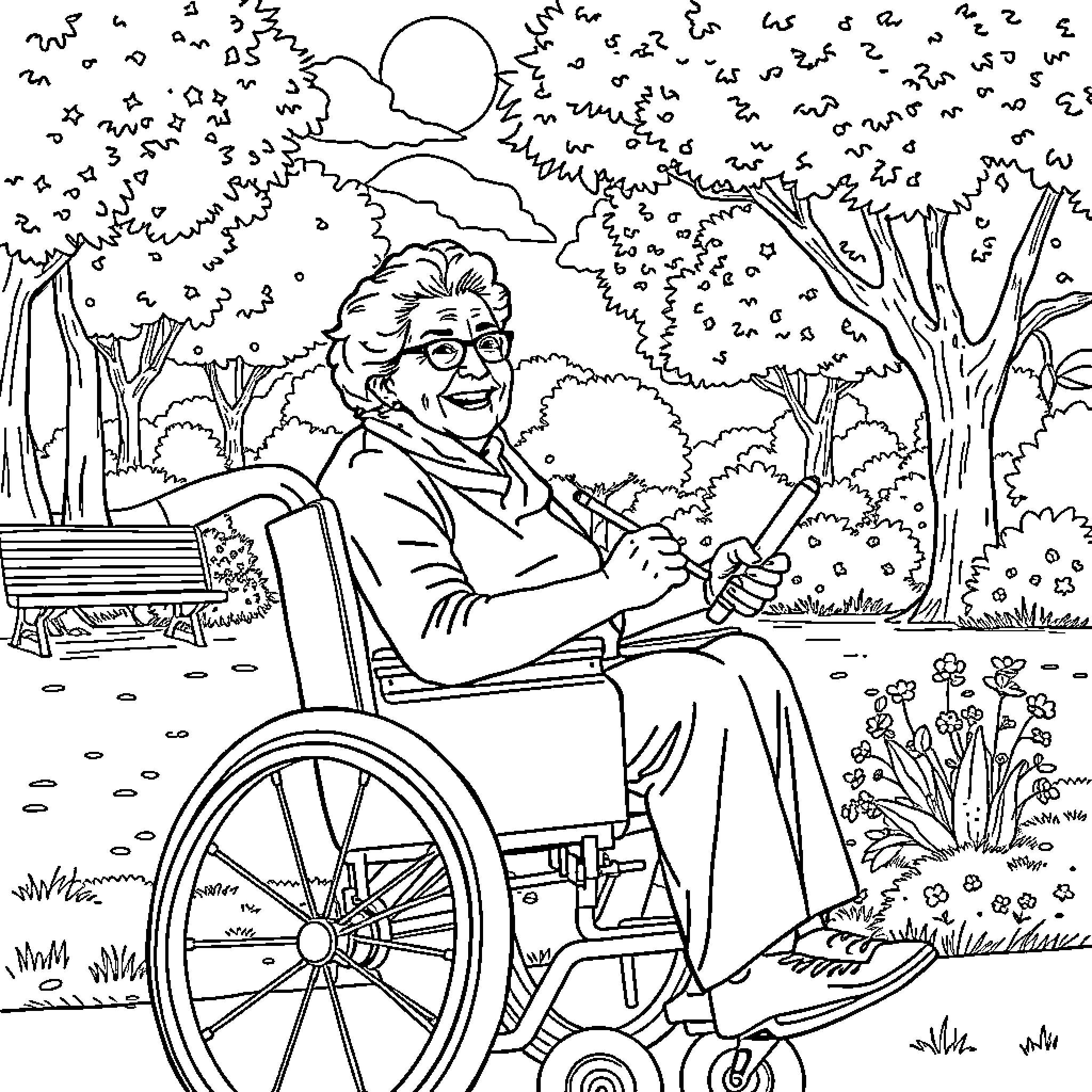 Woman in wheelchair enjoying nature outdoors Coloring Page (free black-and-white line drawing printable PDF for all, from beginners to advanced learners, including children, teens, adults, and seniors)