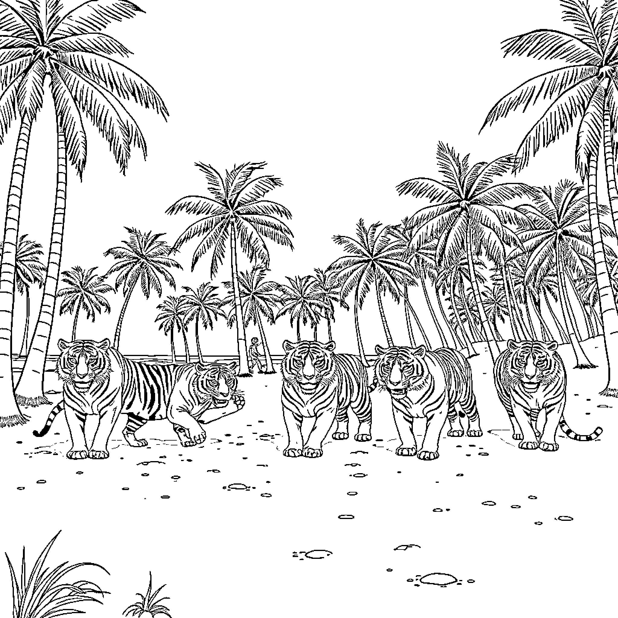 Tiger family roaming in tropical palm grove Coloring Page (free black-and-white line drawing printable PDF for all, from beginners to advanced learners, including children, teens, adults, and seniors)