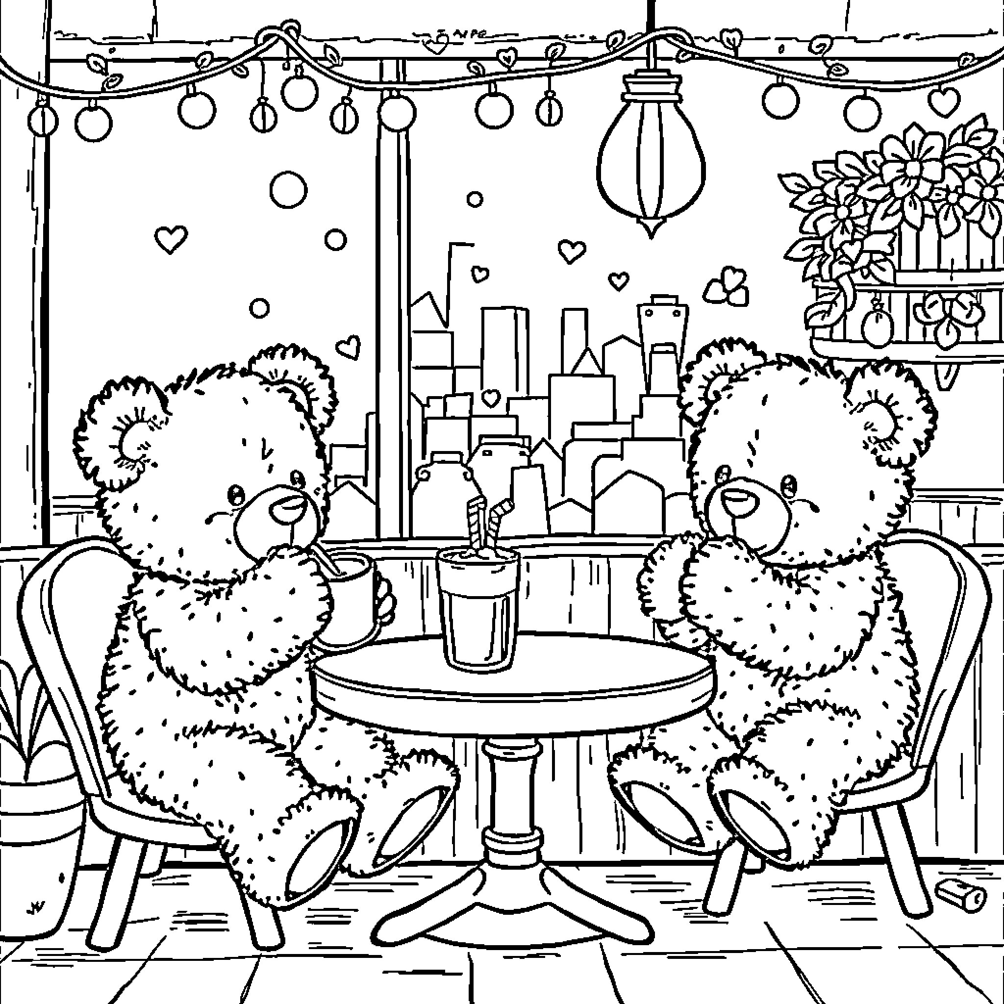 Bear Couple Enjoying a Cozy Evening Together Coloring Page (free black-and-white line drawing printable PDF for all, from beginners to advanced learners, including children, teens, adults, and seniors)
