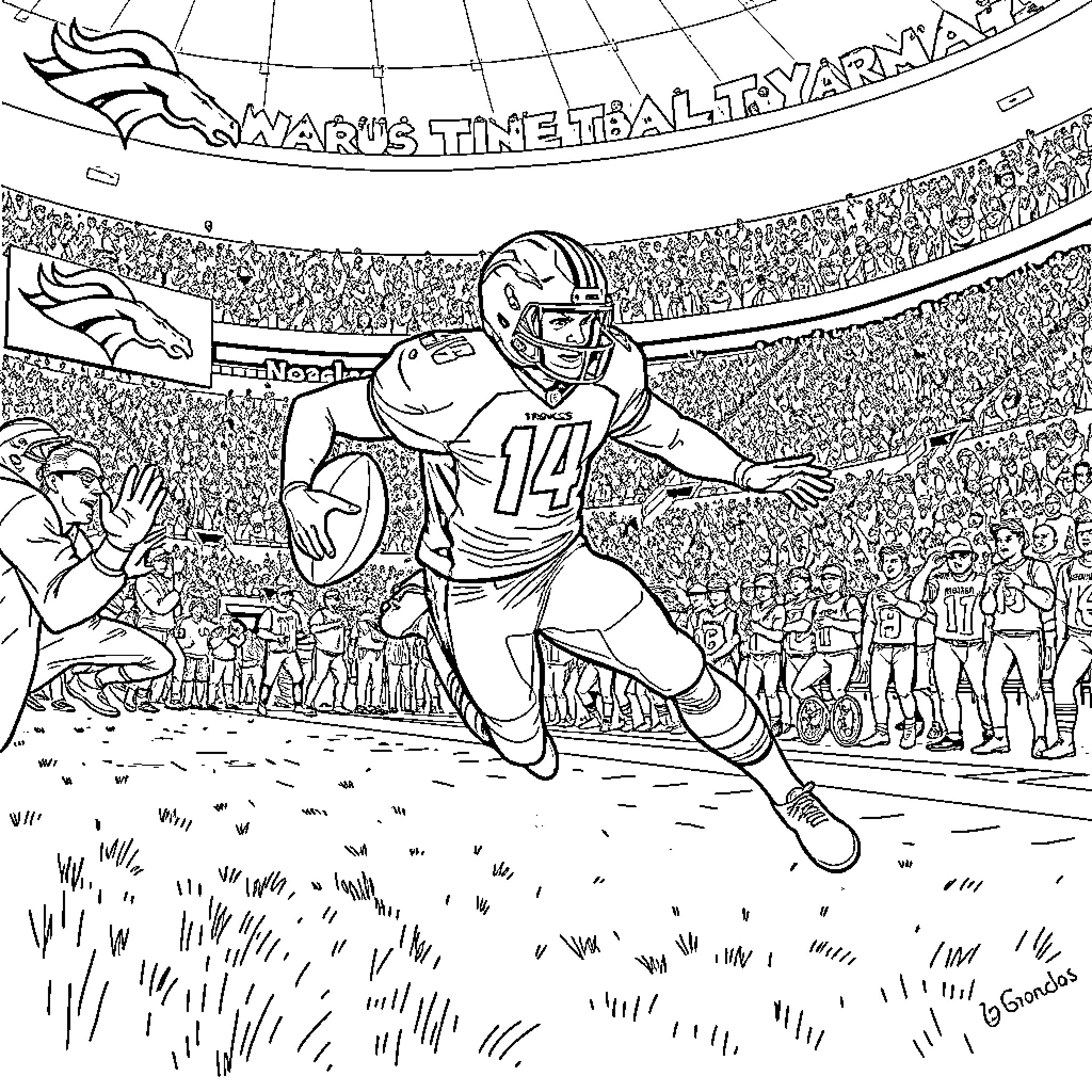Bo Nix scoring touchdown in football stadium Coloring Page (free black-and-white line drawing printable PDF for all, from beginners to advanced learners, including children, teens, adults, and seniors)