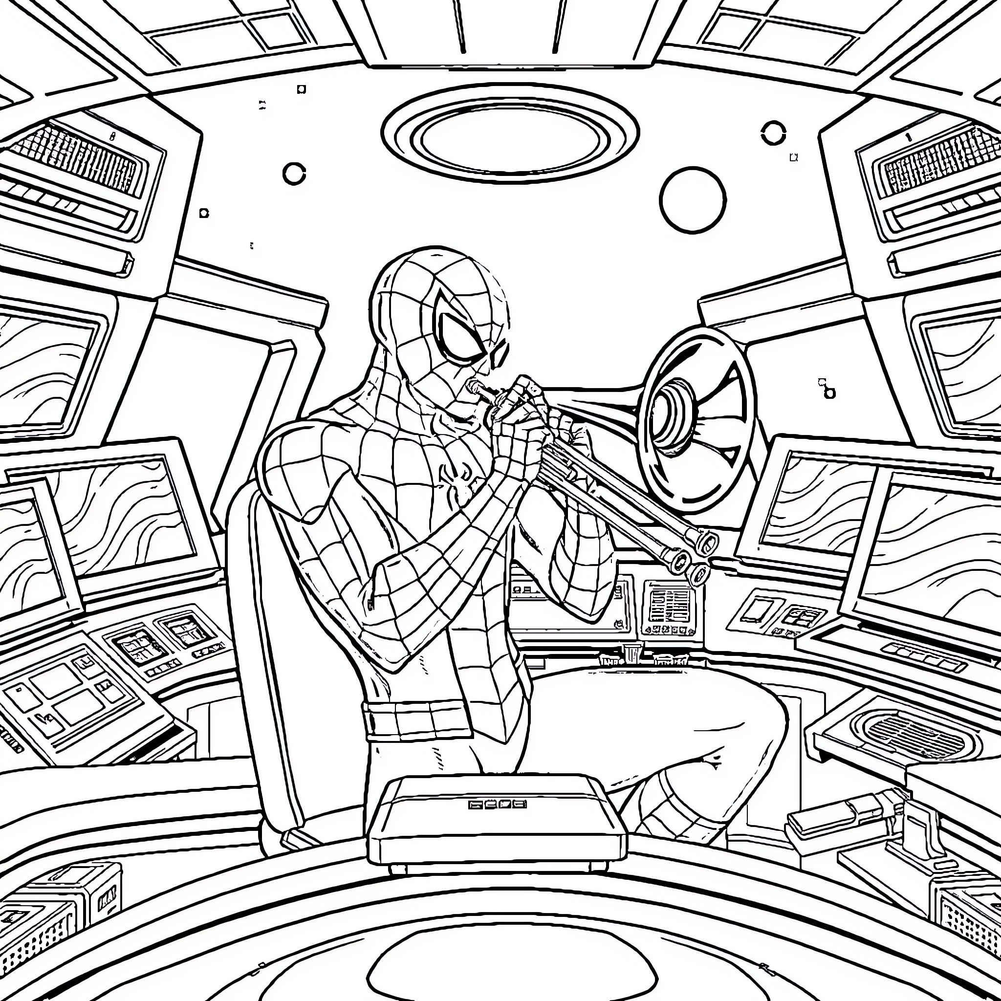 Spiderman in action-packed high-tech control room Coloring Page (free black-and-white line drawing printable PDF for all, from beginners to advanced learners, including children, teens, adults, and seniors)
