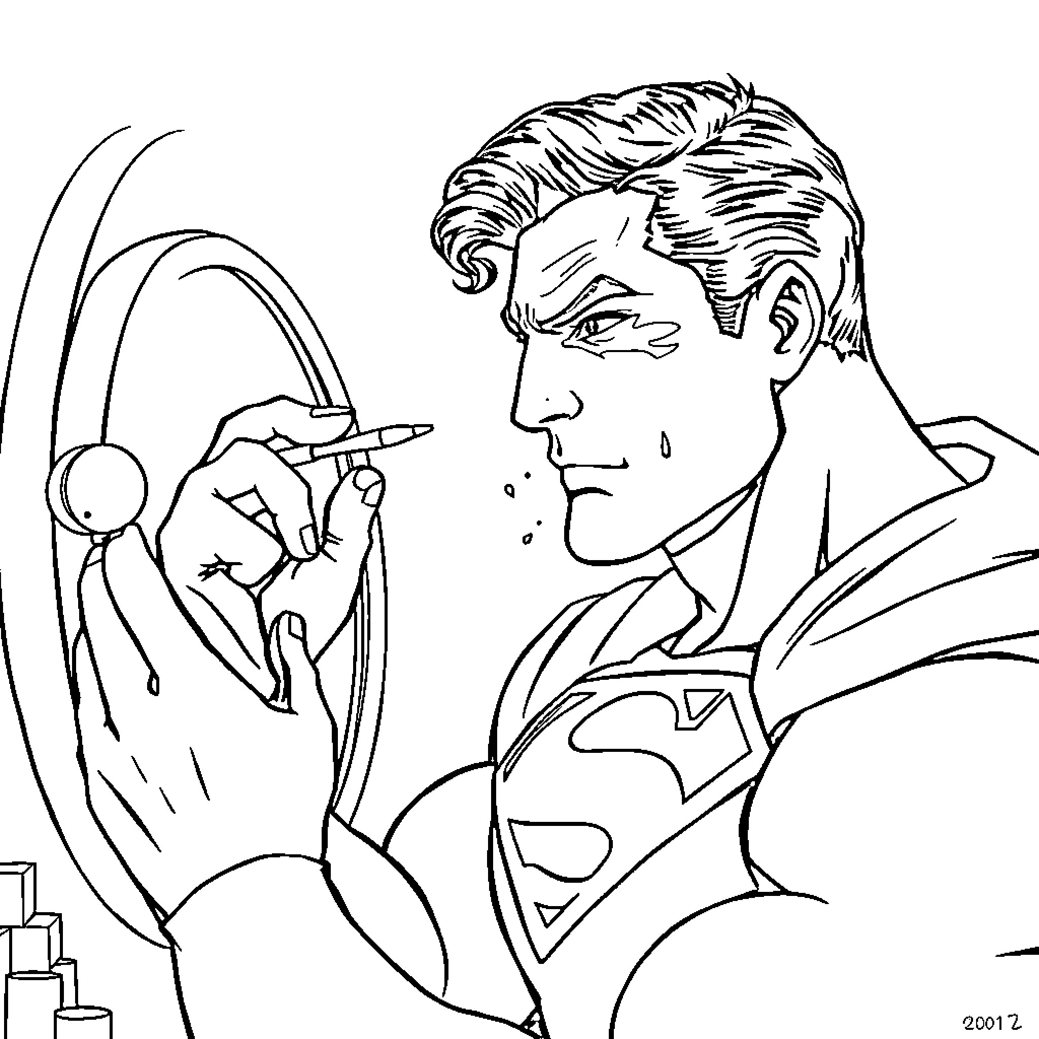 Superman using gadget in intense focus Coloring Page (free black-and-white line drawing printable PDF for all, from beginners to advanced learners, including children, teens, adults, and seniors)