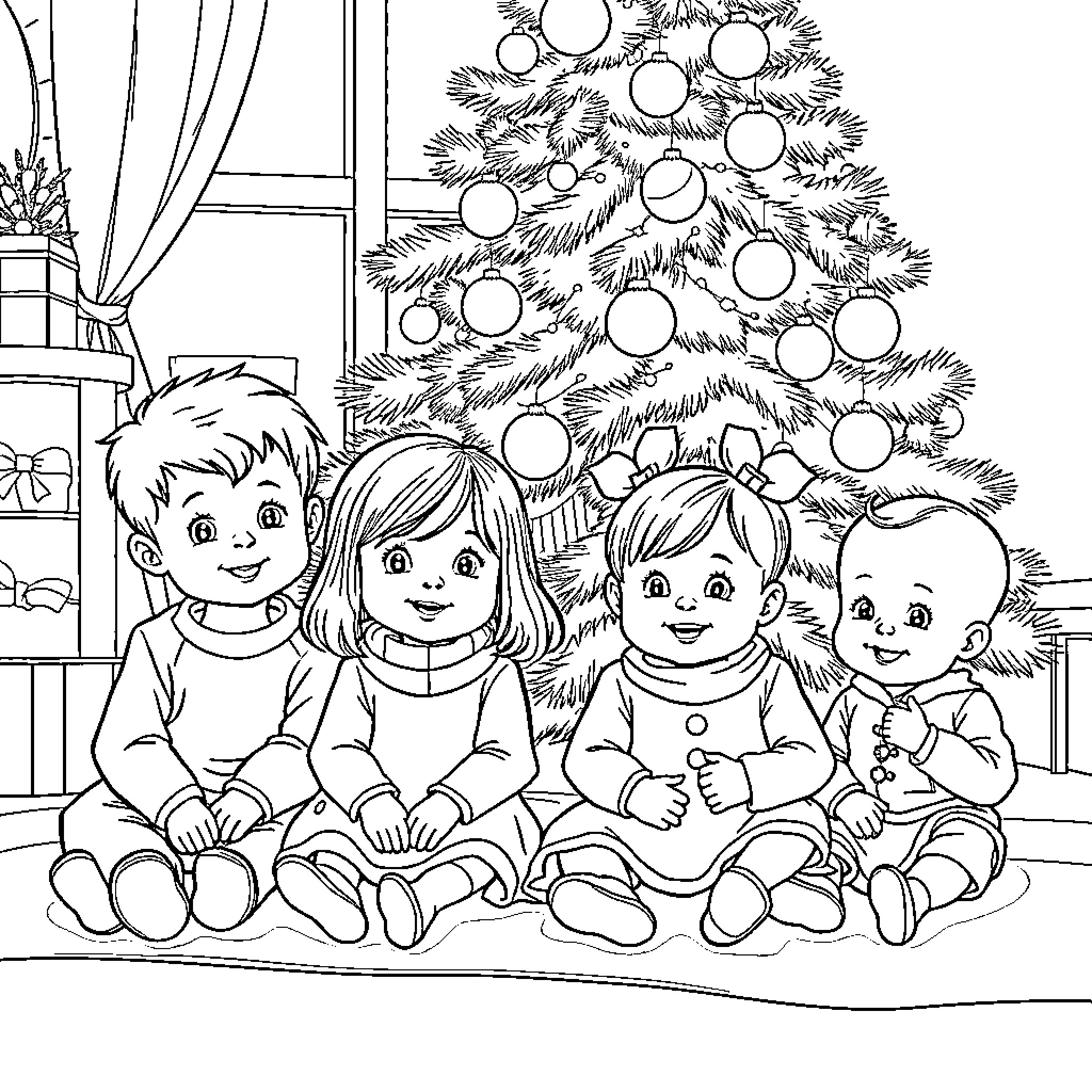 Children enjoying Christmas tree and gifts Coloring Page (free black-and-white line drawing printable PDF for all, from beginners to advanced learners, including children, teens, adults, and seniors)