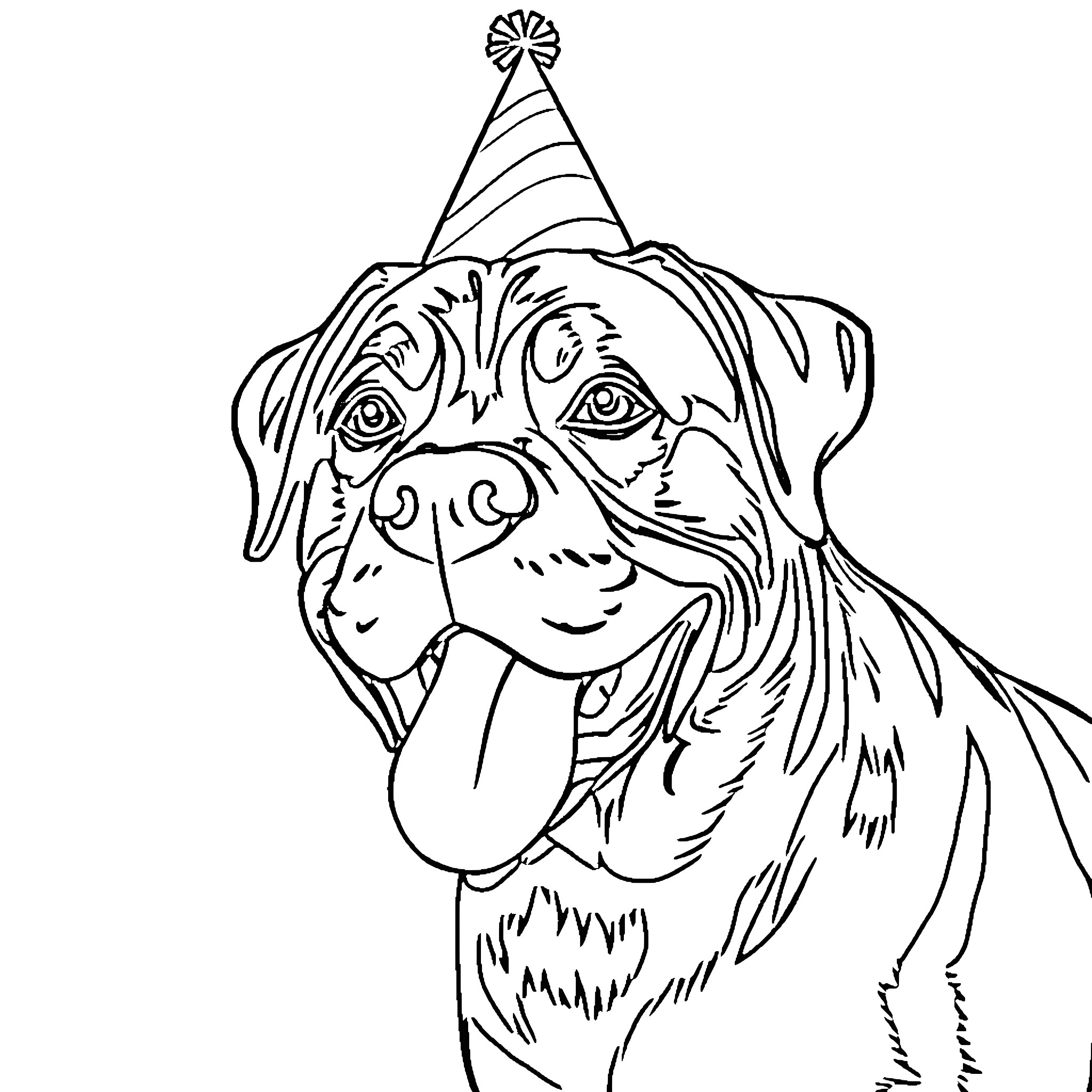 Rottweiler in party hat having fun Coloring Page (free black-and-white line drawing printable PDF for all, from beginners to advanced learners, including children, teens, adults, and seniors)
