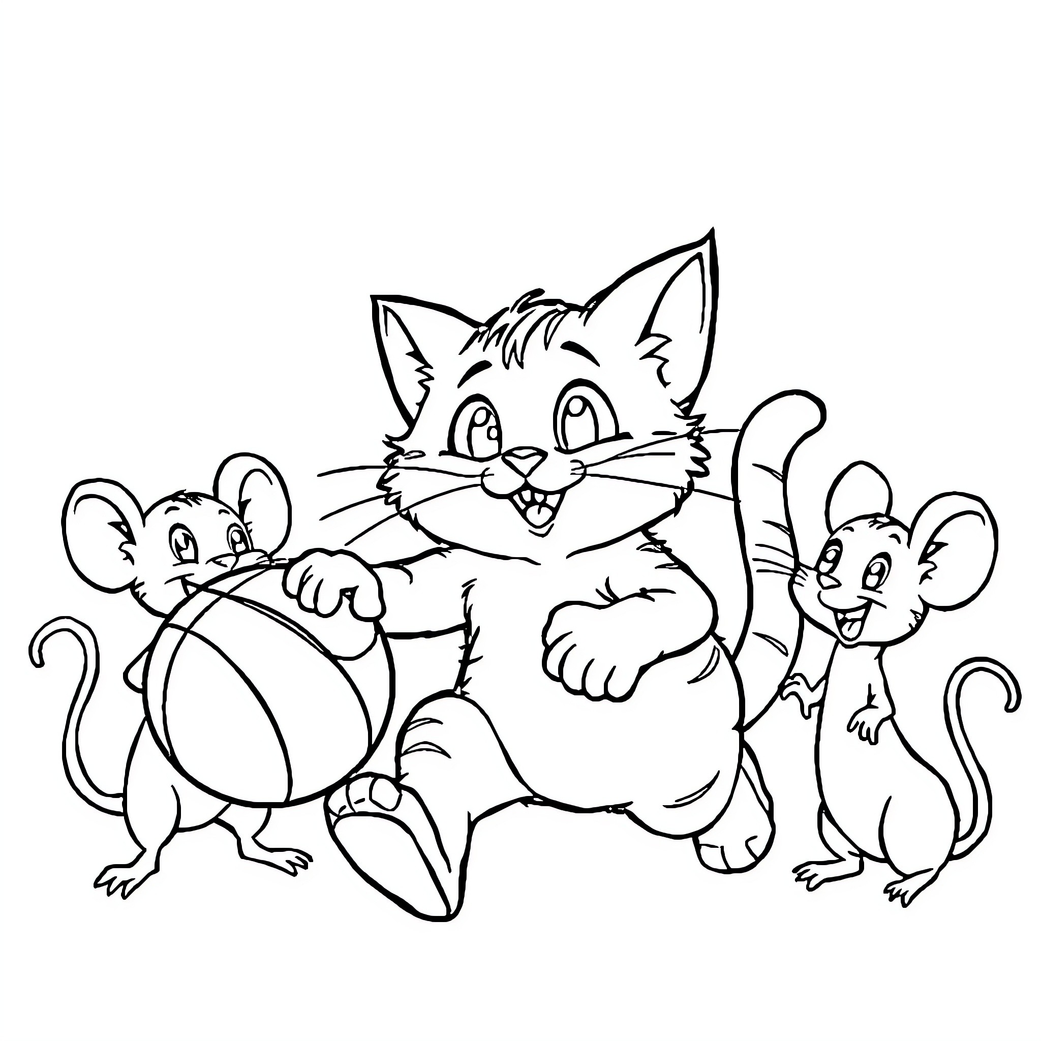 Cat and Mice Playing Together Coloring Page (free black-and-white line drawing printable PDF for all, from beginners to advanced learners, including children, teens, adults, and seniors)